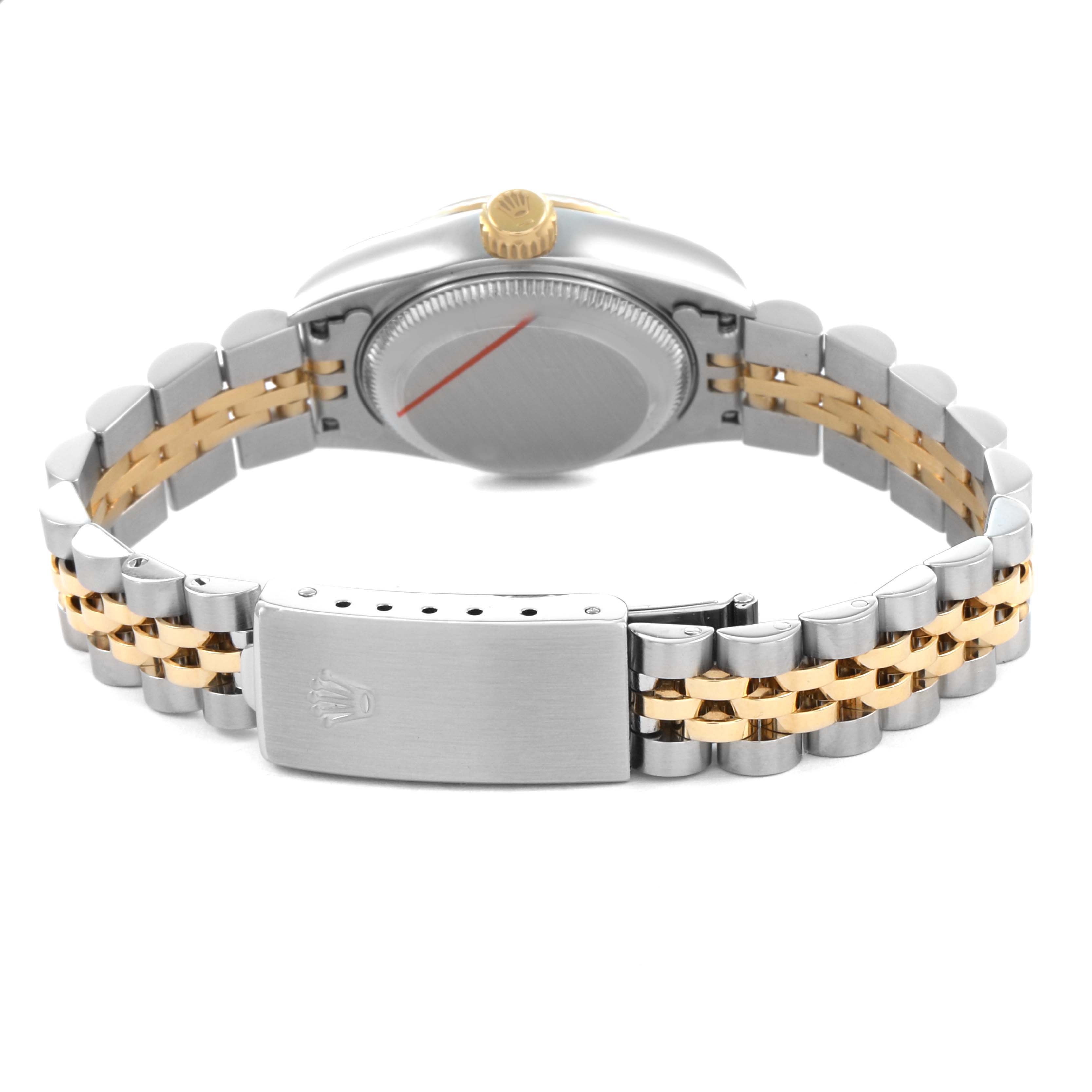 The image shows the back of a Rolex Datejust 79173 Women's Stainless Steel White Dial watch focusing on the bracelet, clasp, and watch case.