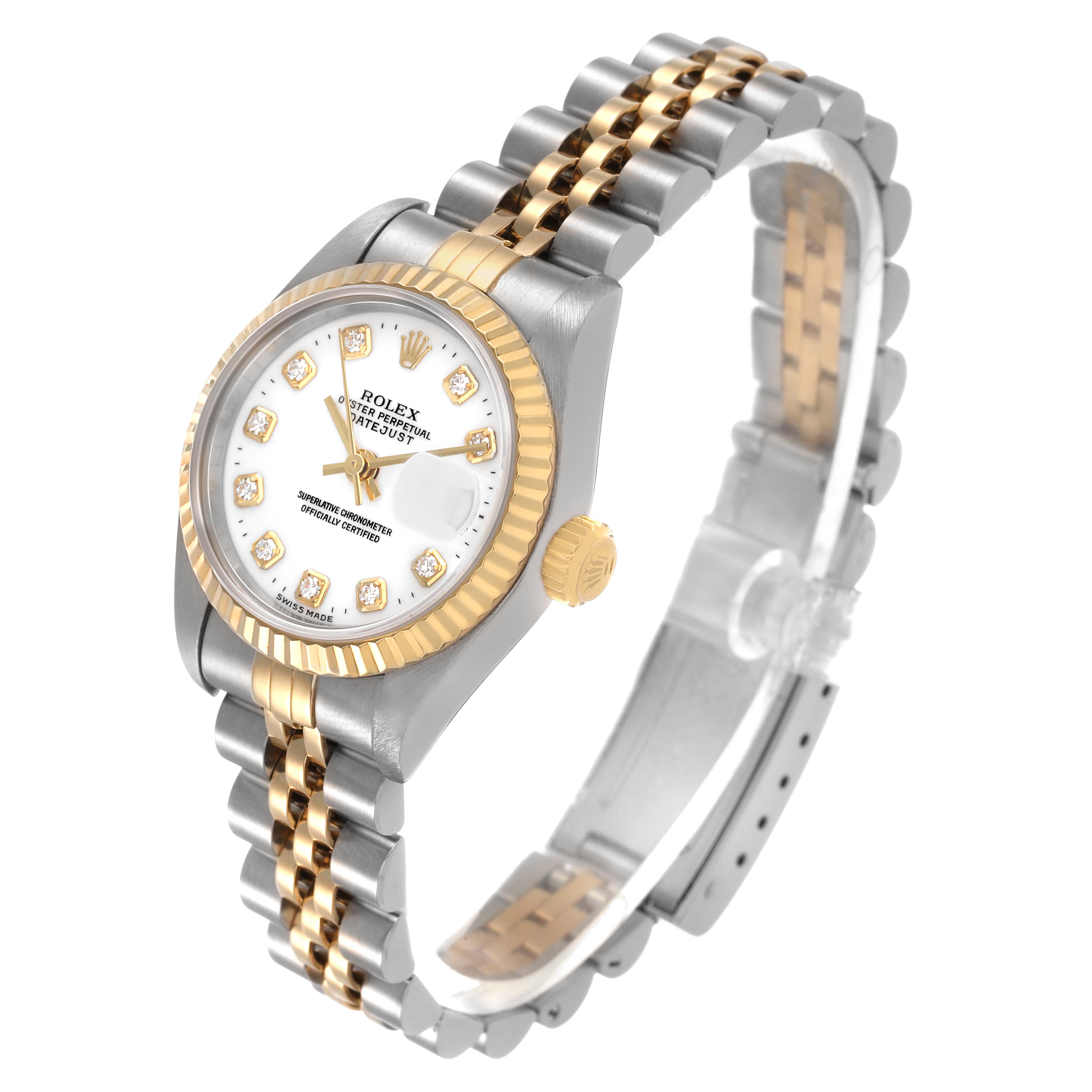 The Rolex Datejust 79173 Women's Stainless Steel White Dial watch is shown at a three-quarter angle, highlighting the bezel, crown, dial, and Jubilee bracelet.