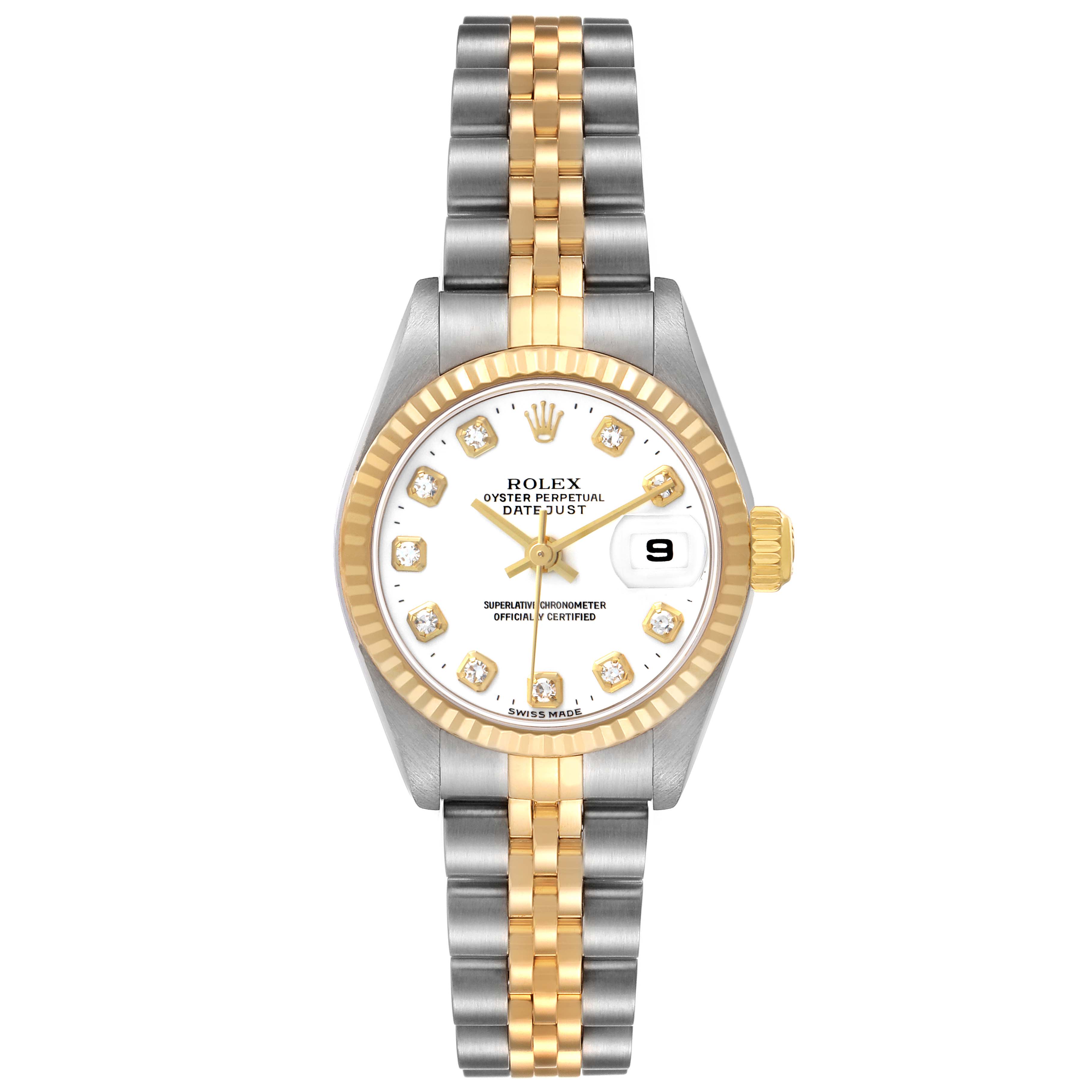 The Rolex Datejust 79173 Women's Stainless Steel White Dial watch is shown from a top view displaying the dial, bezel, and bracelet.