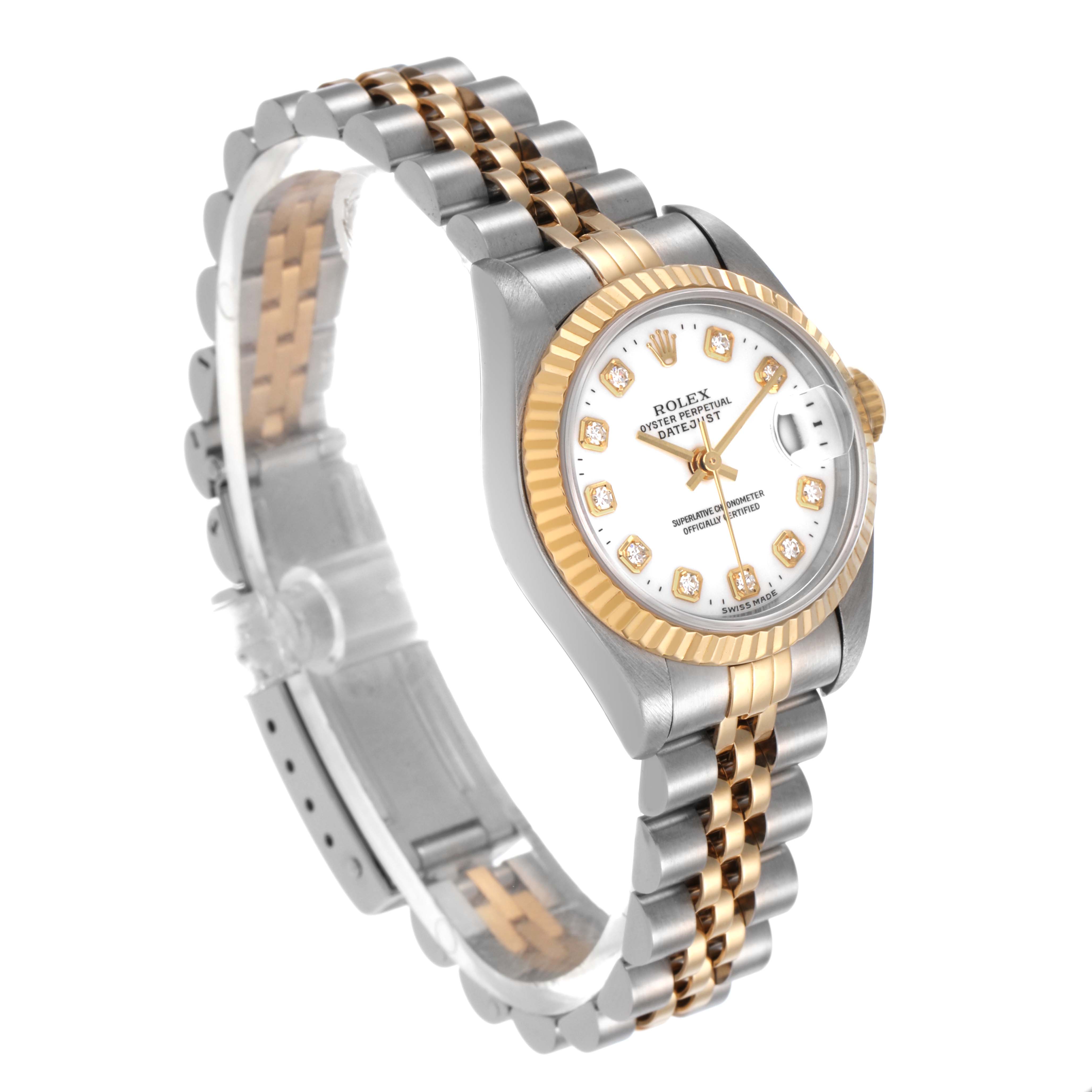 The image shows a Rolex Datejust 79173 Women's Stainless Steel White Dial watch at a three-quarter angle, highlighting its bracelet and fluted bezel.
