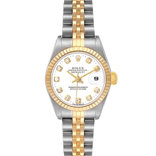 The Rolex Datejust 79173 Women's Stainless Steel White Dial watch is shown from the front, displaying the dial, bezel, and bracelet.