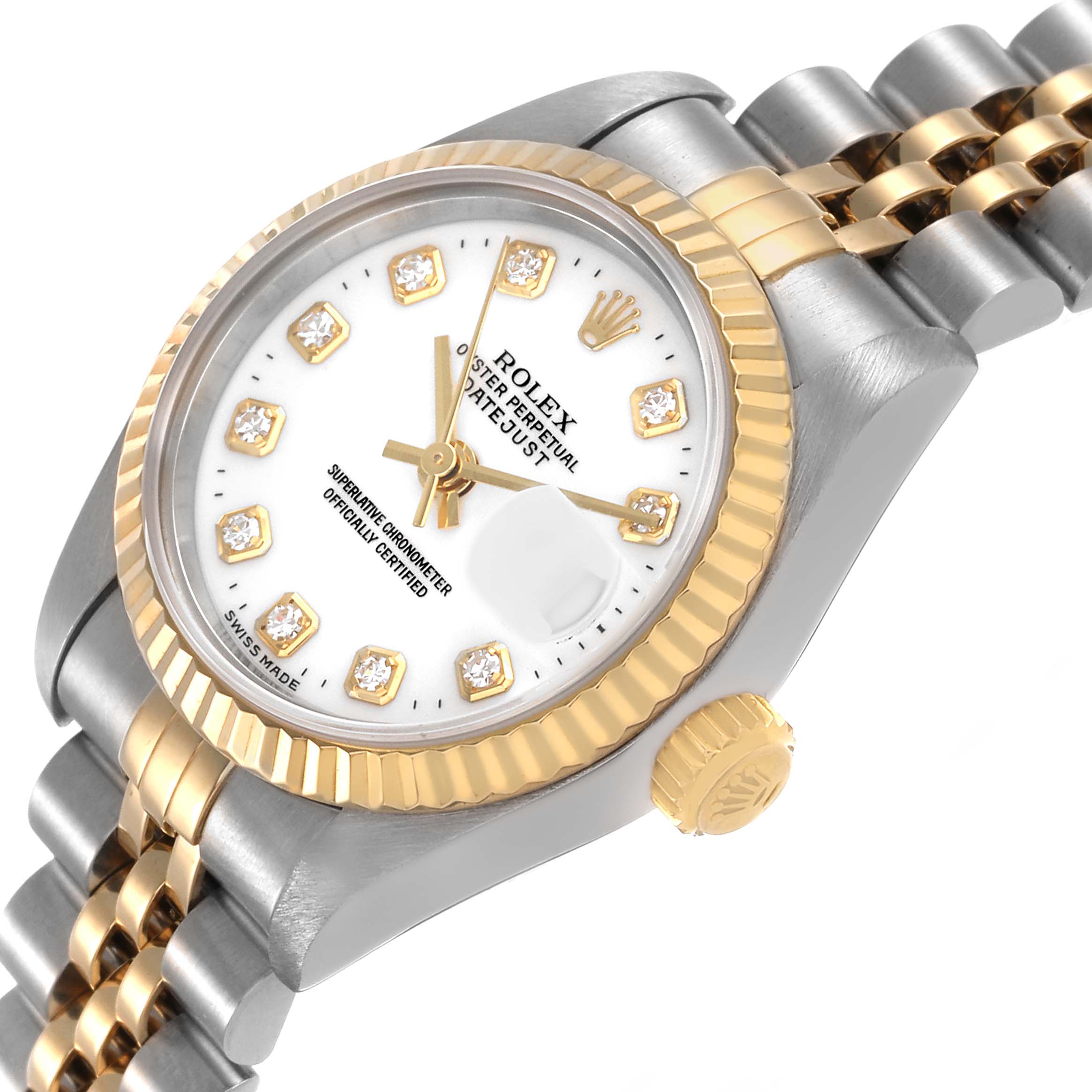 The Rolex Datejust 79173 Women's Stainless Steel White Dial watch is shown at a three-quarter angle, highlighting its bezel, dial, bracelet, and crown.