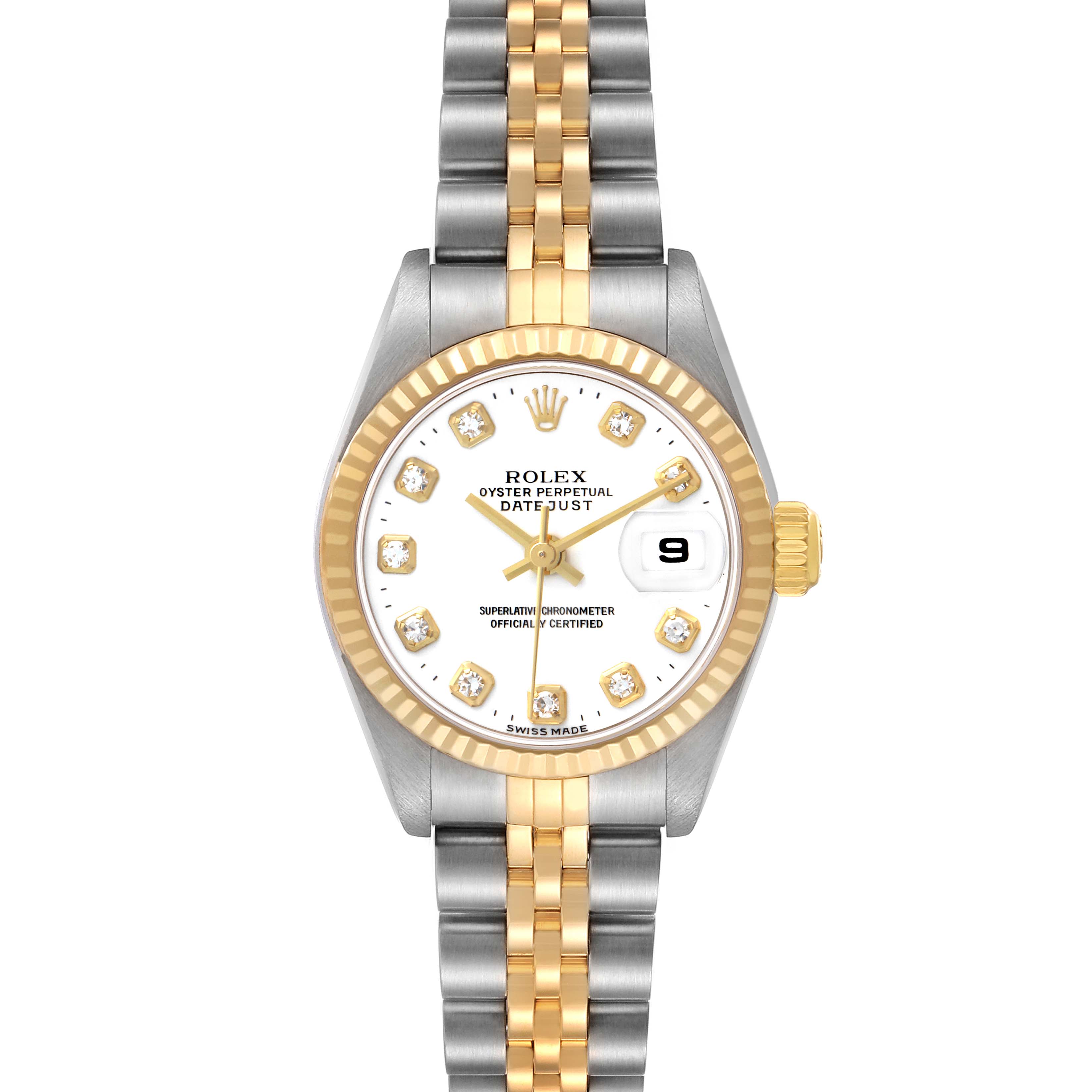 The Rolex Datejust 79173 Women's Stainless Steel White Dial watch is shown from a front view, highlighting the face, bezel, and Jubilee bracelet.