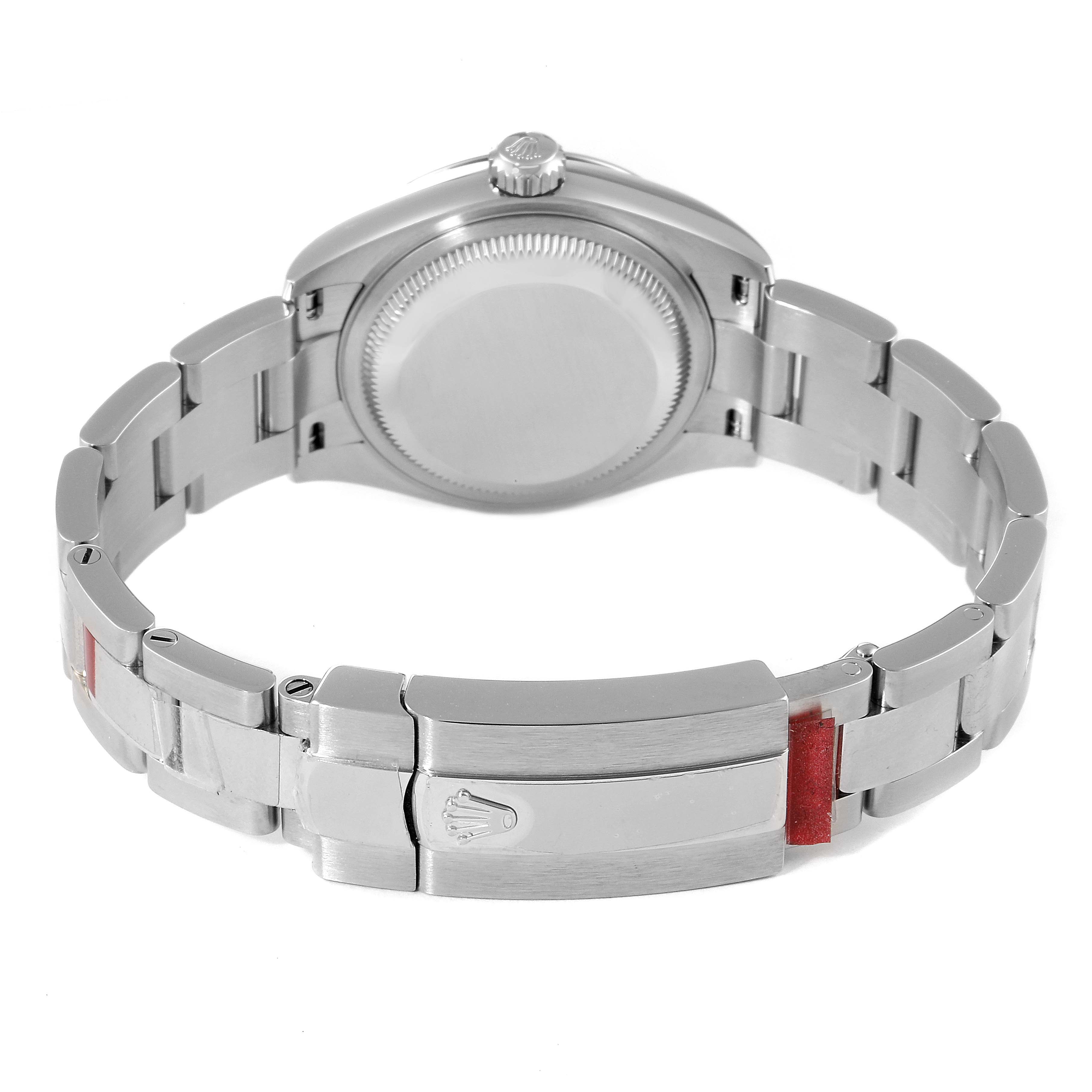 The image shows the back view of a Rolex Datejust 279174 Women's Stainless Steel Pink Dial 279174 Women's Stainless Steel Pink Dial watch, highlighting the case back, crown, and bracelet clasp.