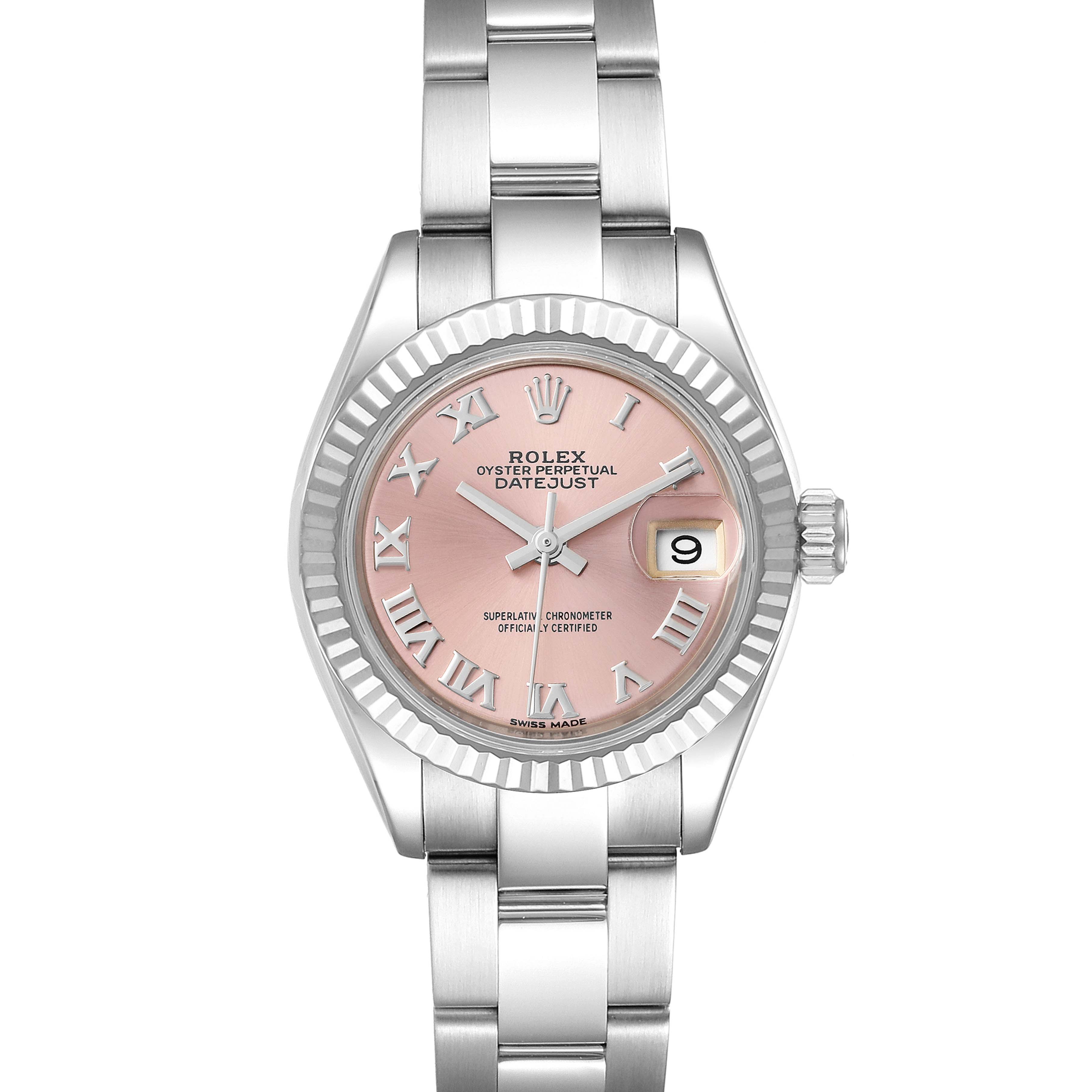 The image shows a Rolex Datejust 279174 Women's Stainless Steel Pink Dial 279174 Women's Stainless Steel Pink Dial watch from a front angle, displaying its face, bezel, and bracelet.