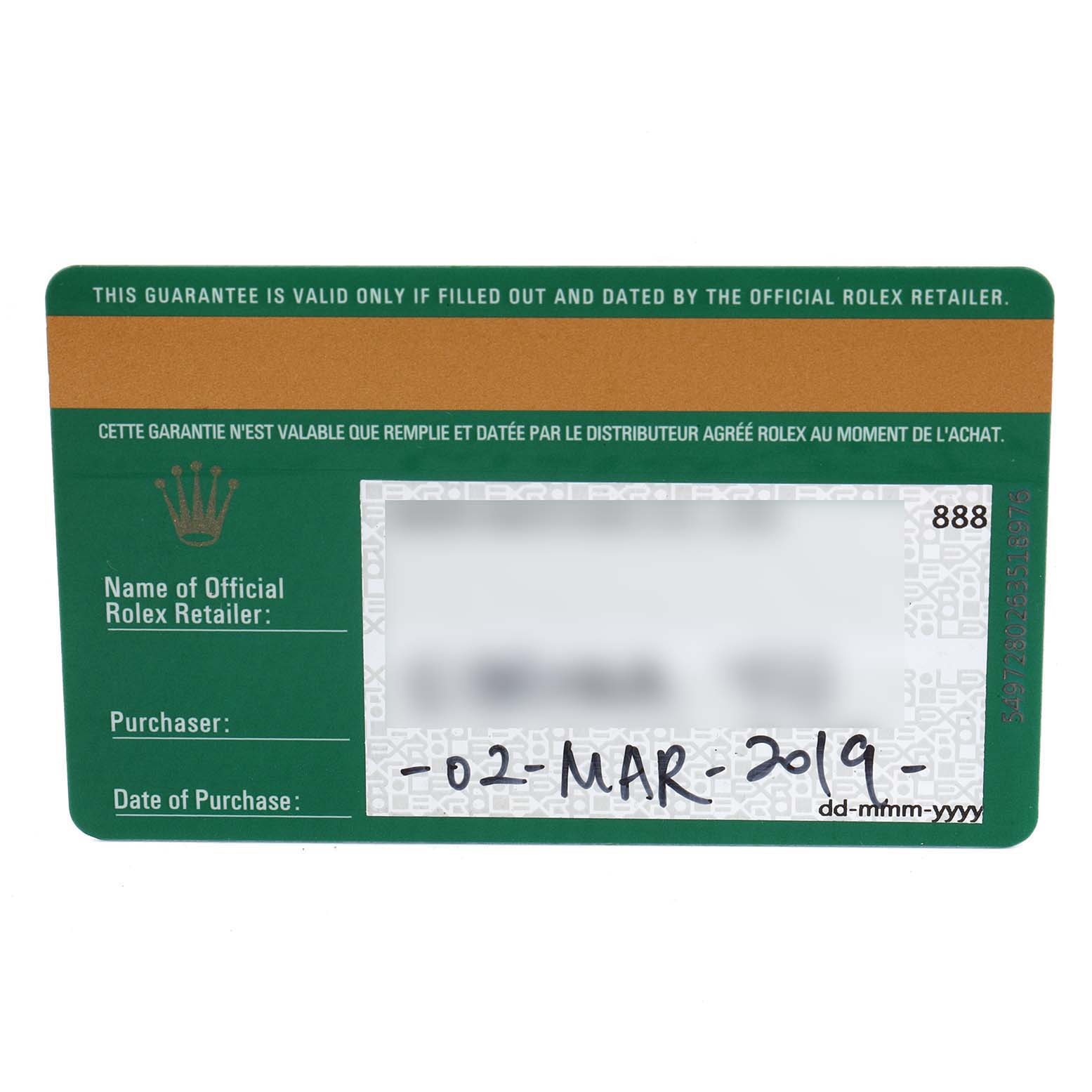 This image shows the warranty card for a Rolex Datejust 279174 Women's Stainless Steel Pink Dial 279174 Women's Stainless Steel Pink Dial watch, filled with purchase details and official retailer information.