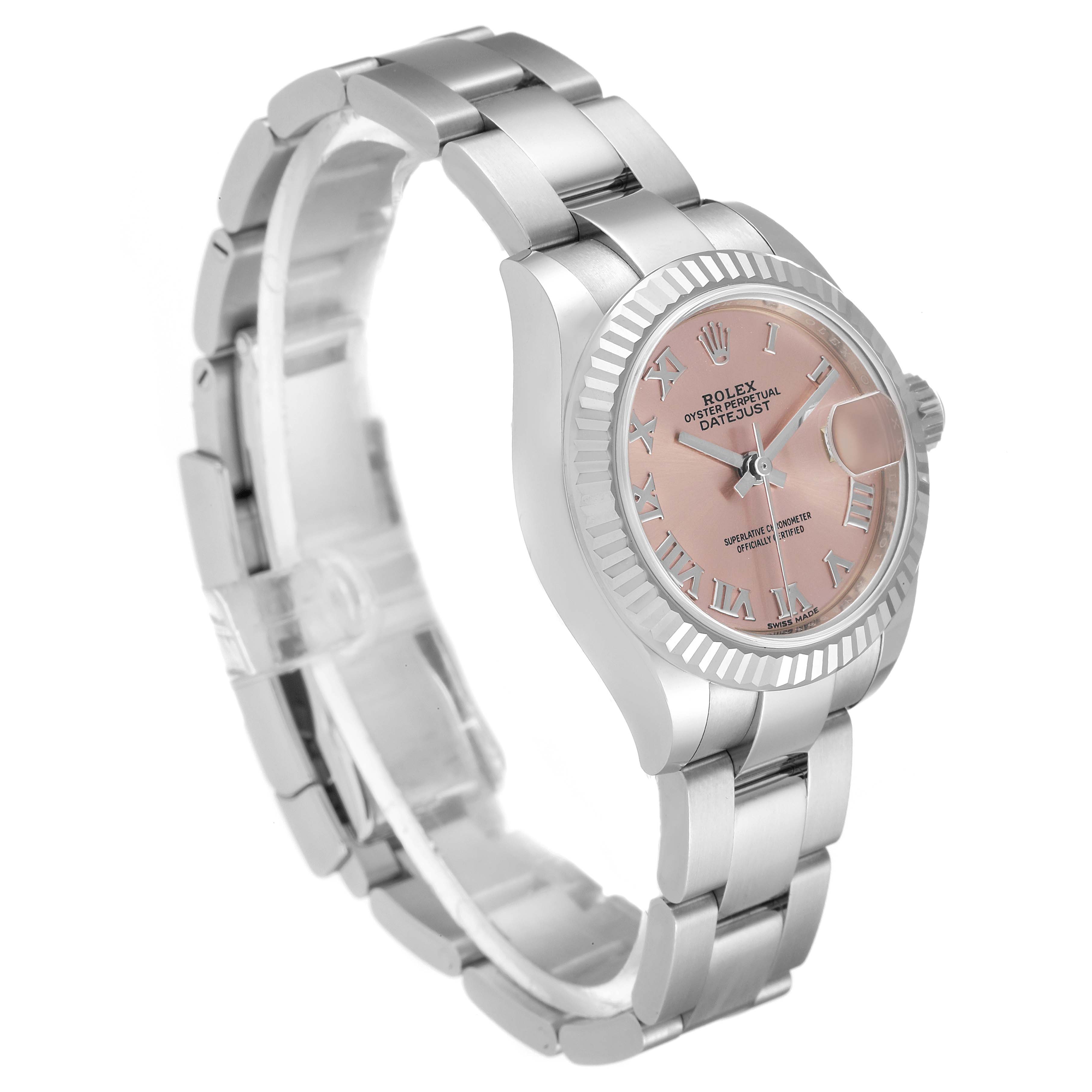 The image shows a side angle of a Rolex Datejust 279174 Women's Stainless Steel Pink Dial 279174 Women's Stainless Steel Pink Dial watch, highlighting its pink dial, fluted bezel, and metal bracelet.
