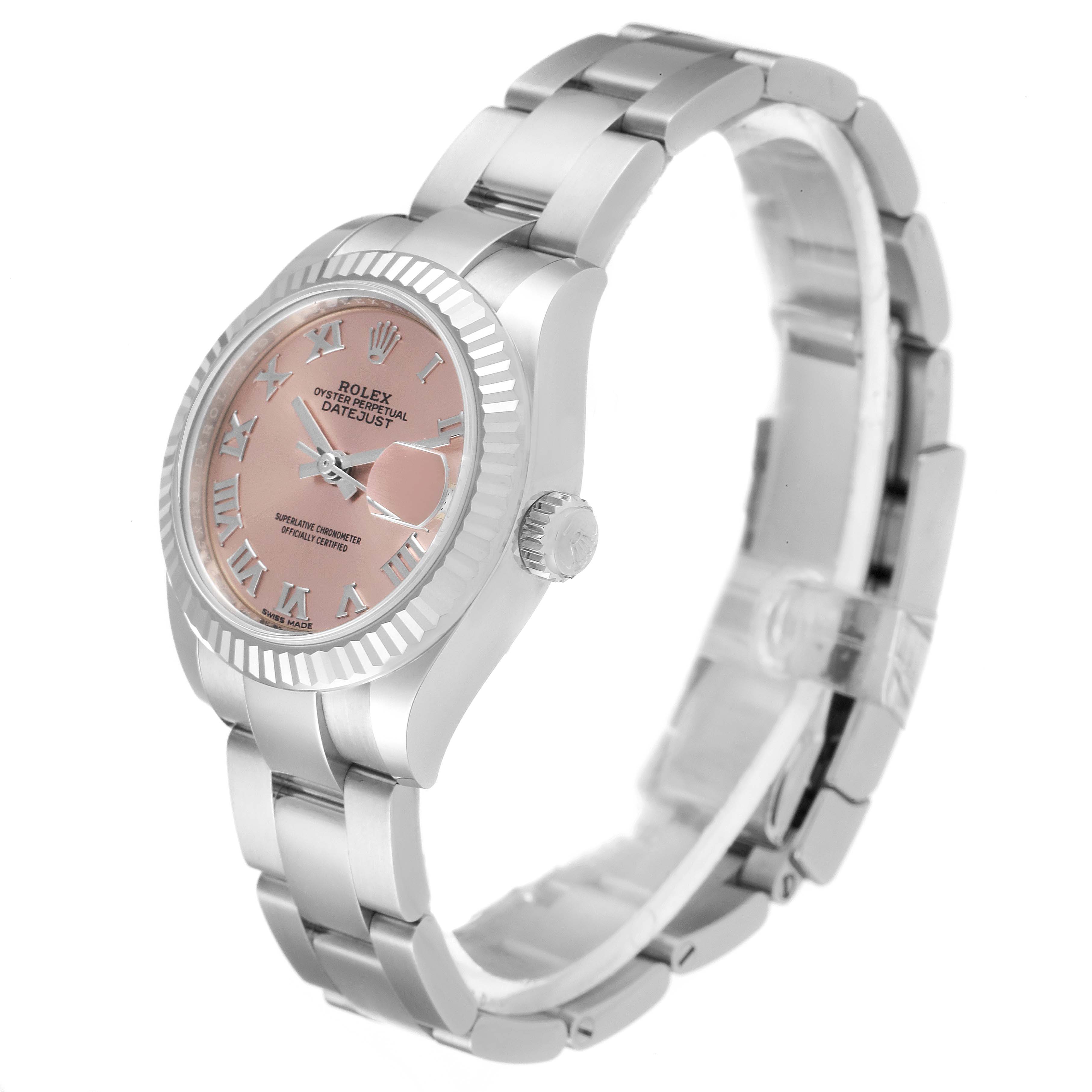 The Rolex Datejust 279174 Women's Stainless Steel Pink Dial 279174 Women's Stainless Steel Pink Dial watch is shown at a slight angle, highlighting the dial, fluted bezel, and metal bracelet.