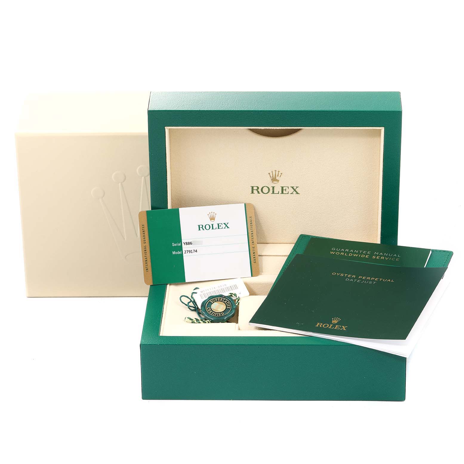 The image shows the packaging and accessories for a Rolex Datejust 279174 Women's Stainless Steel Pink Dial 279174 Women's Stainless Steel Pink Dial, including the box, paperwork, hang tag, and guarantee manual.