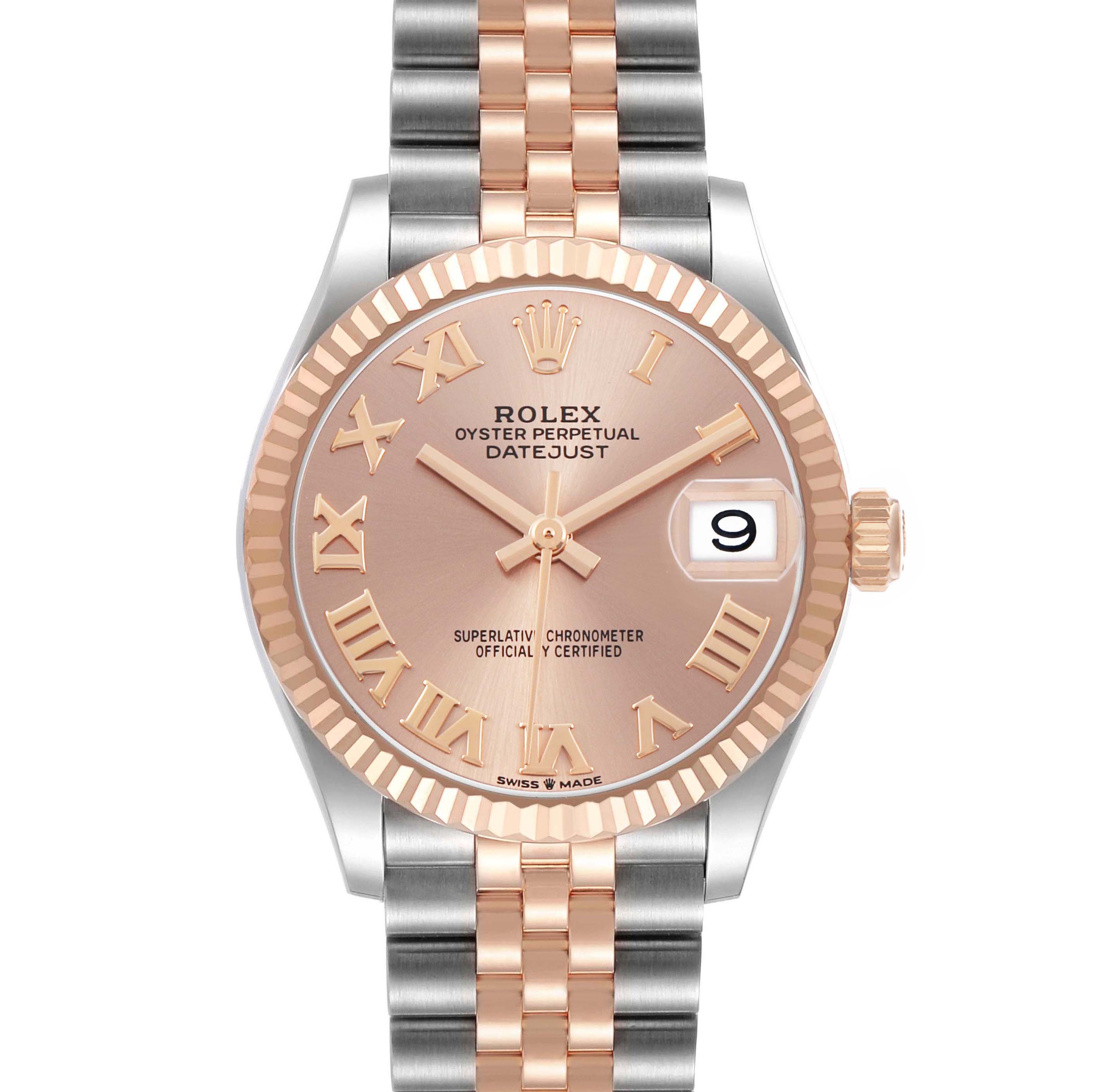 The Rolex Mid-Size 278271 Women's Steel and Gold (two tone) Pink Dial Datejust is shown from the front, featuring the dial, bezel, and bracelet.