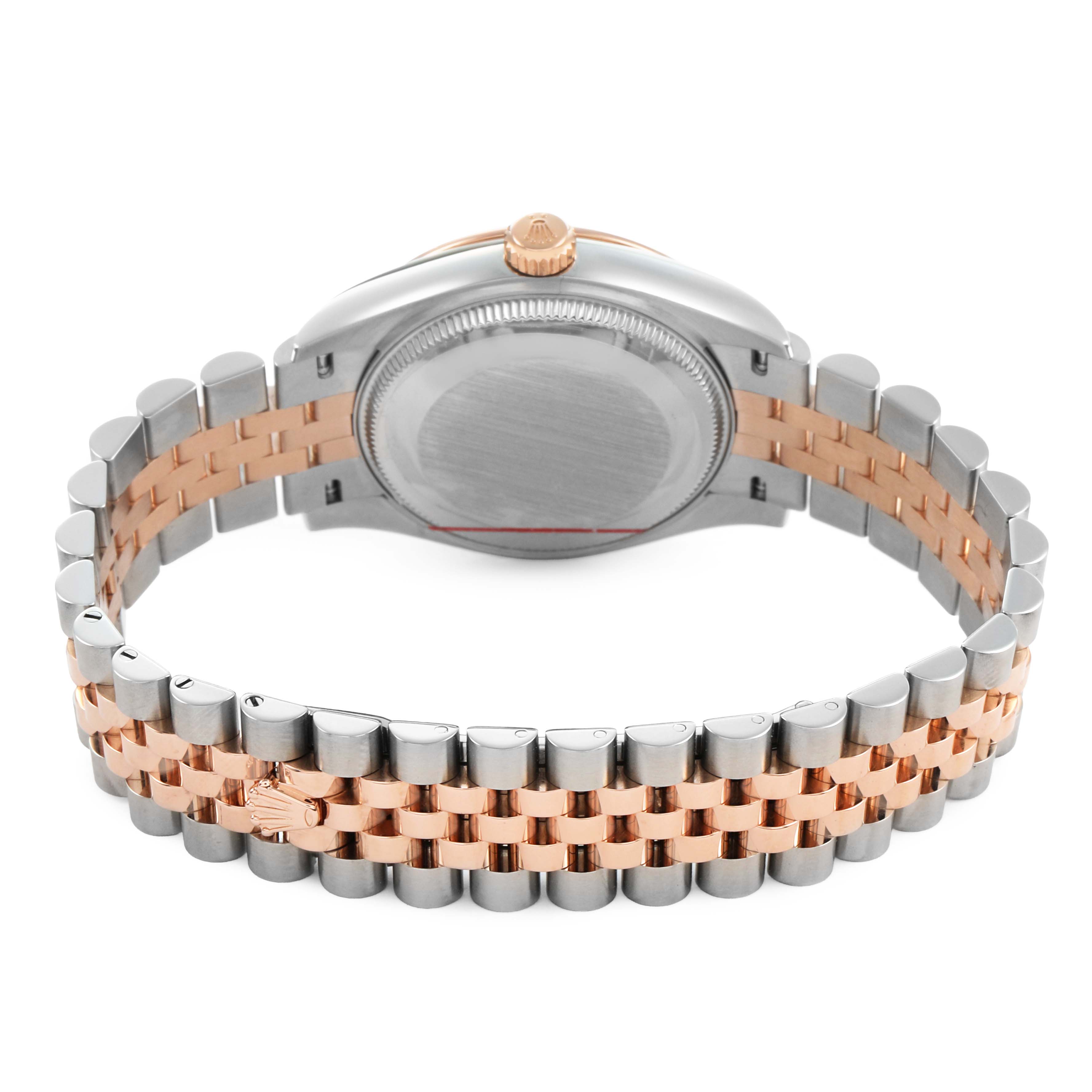 The Rolex Mid-Size 278271 Women's Steel and Gold (two tone) Pink Dial model is shown from the back, highlighting the case, case back, crown, and two-tone bracelet.