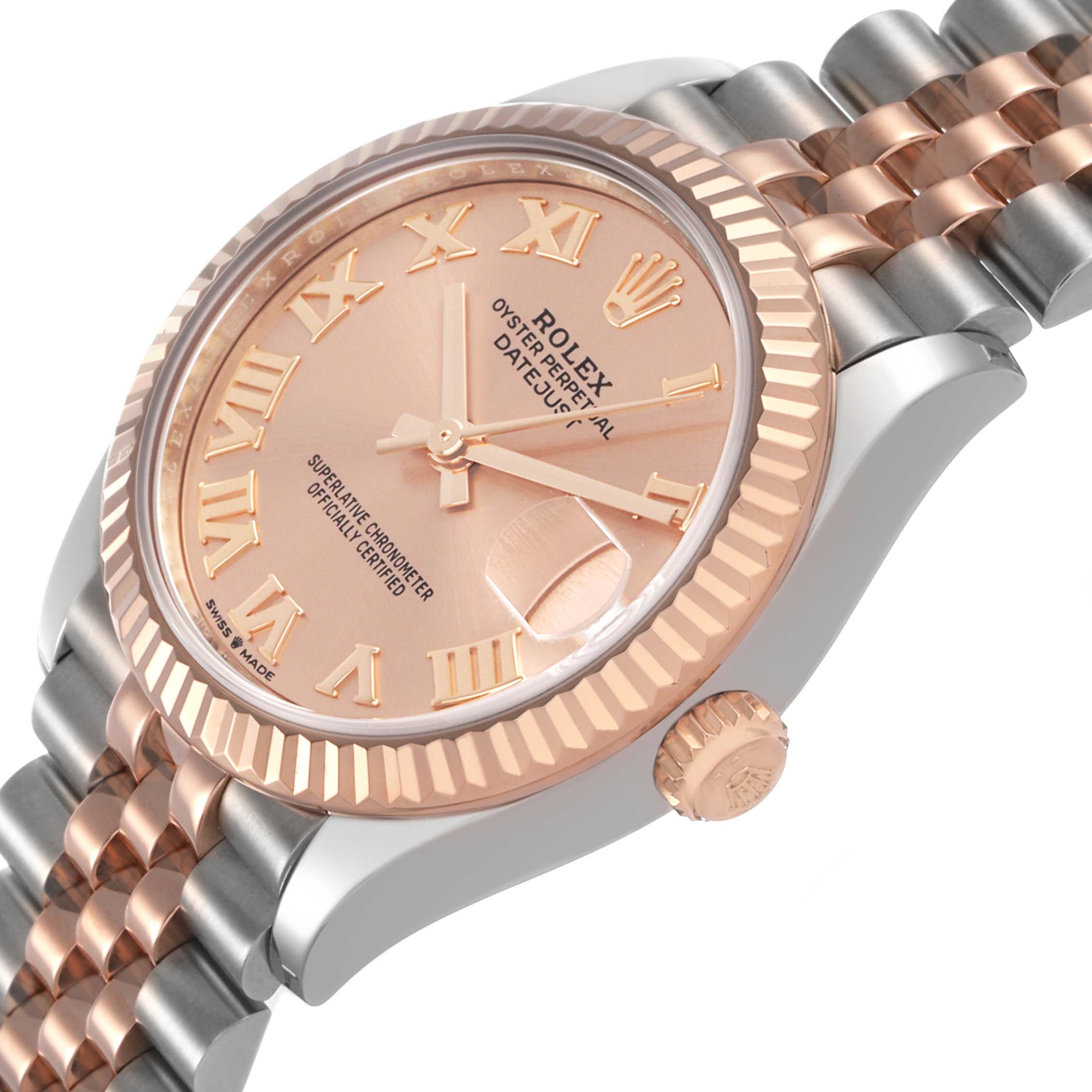 The Rolex Mid-Size 278271 Women's Steel and Gold (two tone) Pink Dial watch is shown at an angled side view, highlighting the dial, bezel, crown, and bracelet.
