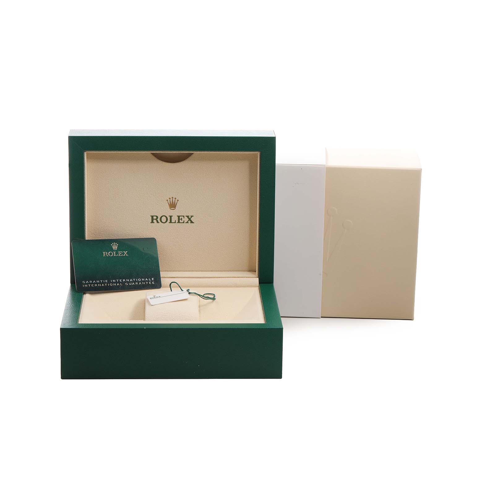 The image shows a Rolex Mid-Size 278271 Women's Steel and Gold (two tone) Pink Dial watch box open, displaying a guarantee card and tag inside.