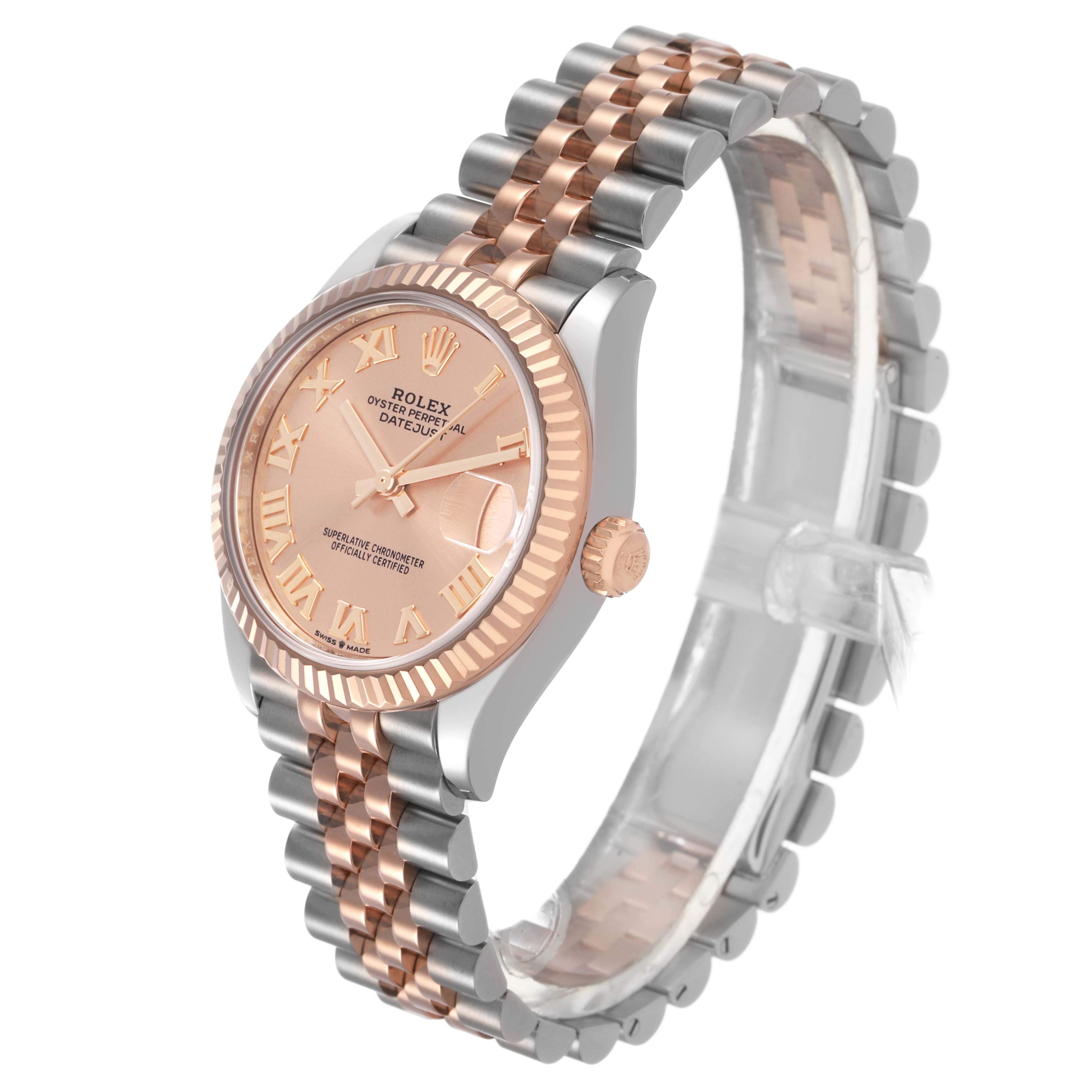 The Rolex Mid-Size 278271 Women's Steel and Gold (two tone) Pink Dial model is shown at a three-quarter angle, highlighting its Roman numeral dial, fluted bezel, and two-tone bracelet.
