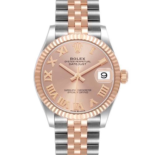 The Rolex Mid-Size 278271 Women's Steel and Gold (two tone) Pink Dial watch is shown from a front angle, highlighting the dial, Roman numerals, and two-tone bracelet.