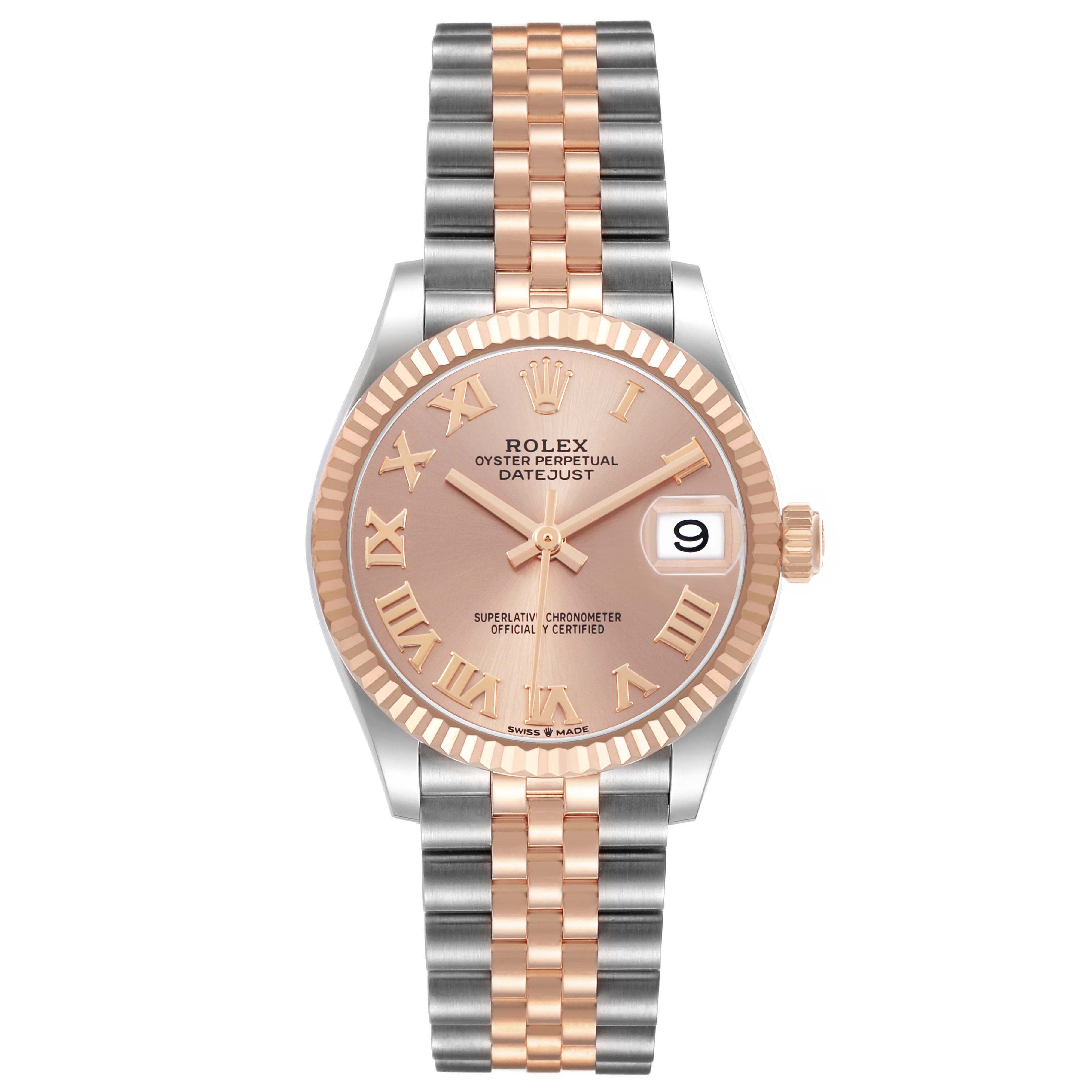 The Rolex Mid-Size 278271 Women's Steel and Gold (two tone) Pink Dial watch is shown from a front angle, featuring a two-tone bracelet and a date window at 3 o'clock.
