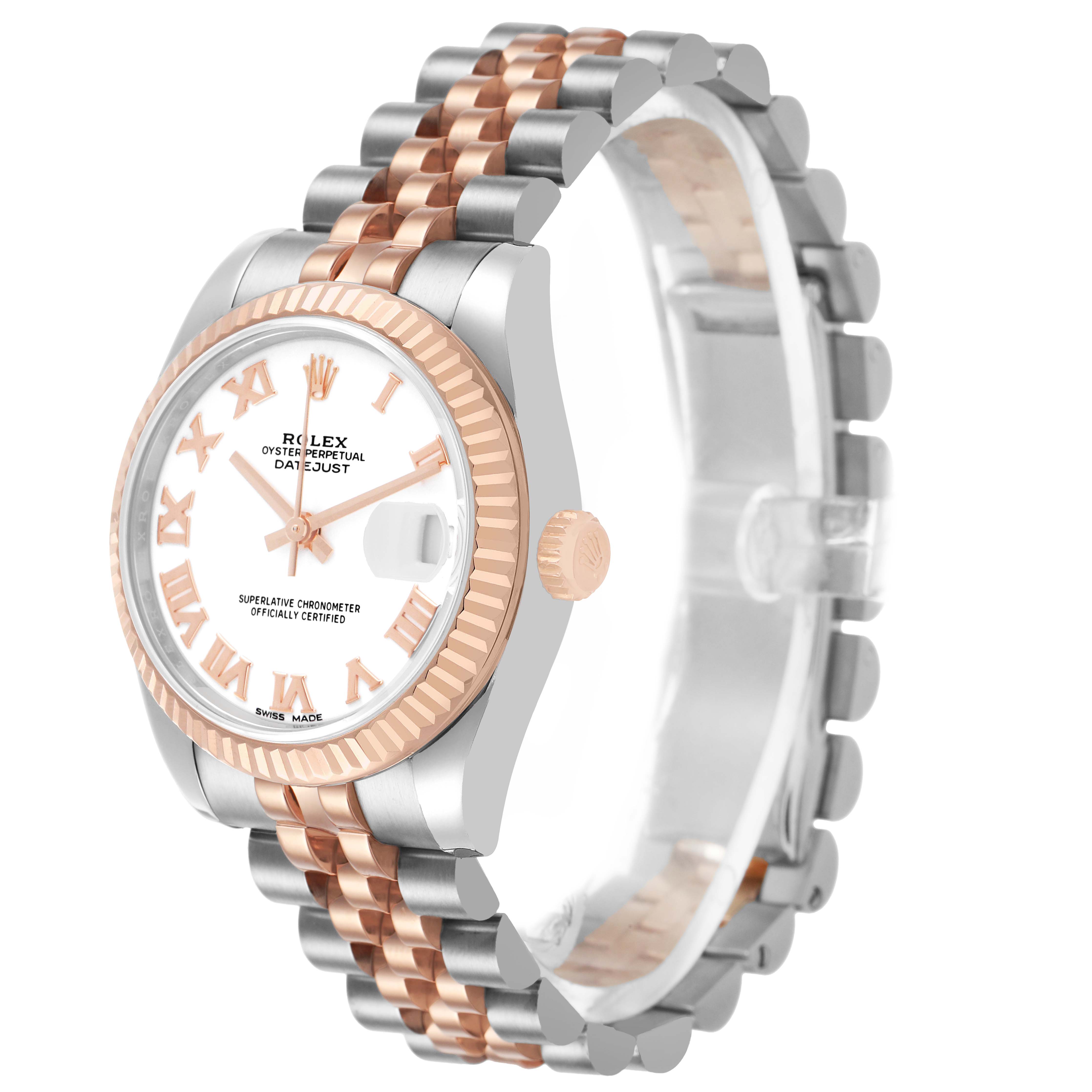 The Rolex Mid-Size 178271 Women's Steel and Gold (two tone) White Dial watch is shown at a three-quarter angle, highlighting the bezel, dial, case, and two-tone bracelet.