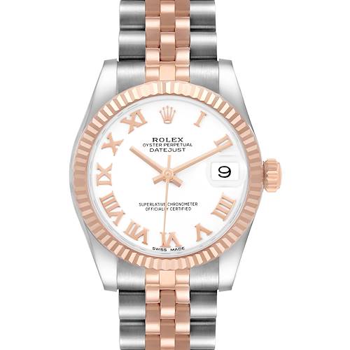 The Rolex Datejust Mid-Size watch is shown from a top-down angle, displaying the dial, bezel, and part of the bracelet.