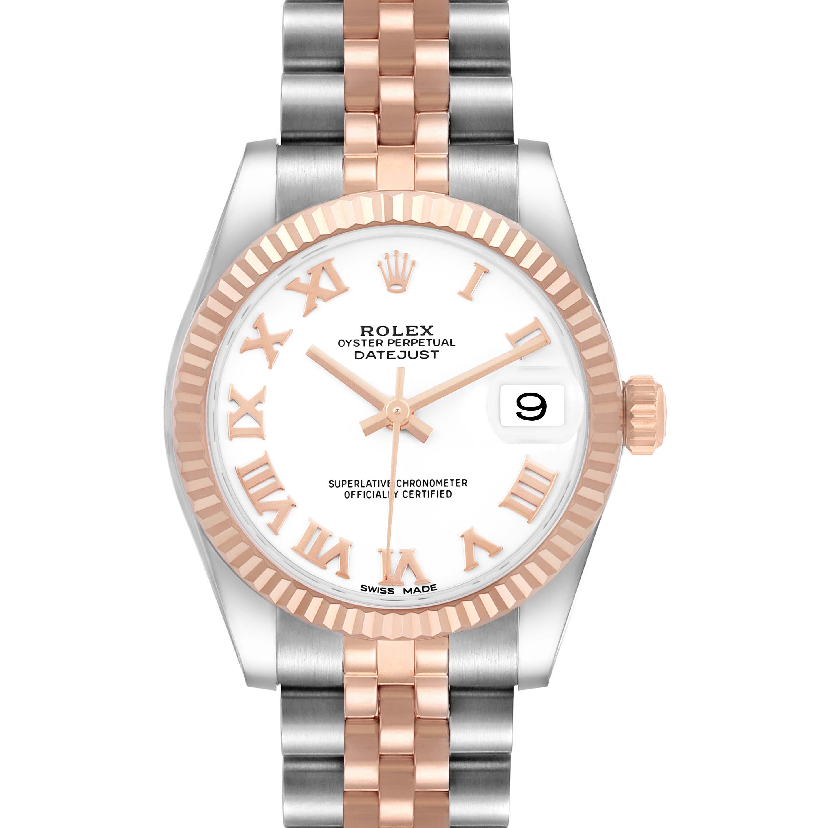 The image shows a frontal view of the Rolex Mid-Size 178271 Women's Steel and Gold (two tone) White Dial Datejust, highlighting the dial, bezel, and bracelet.