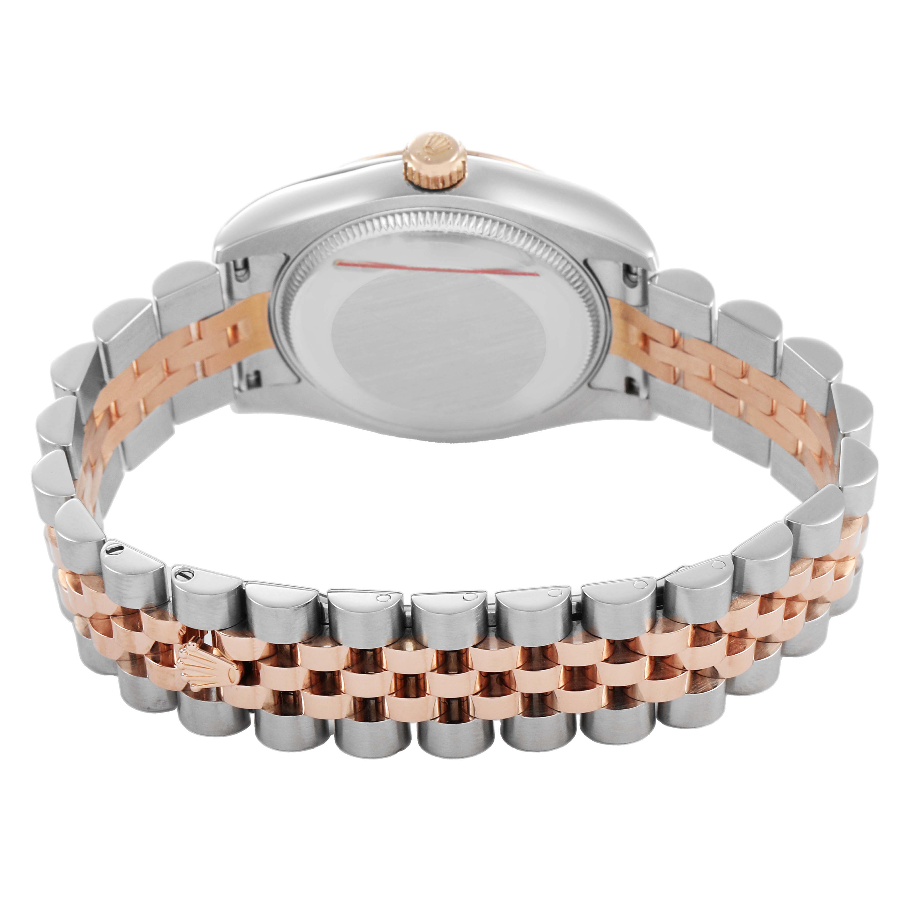 The image shows the back case and bracelet of a Mid-Size Rolex watch, featuring a two-tone metal design.
