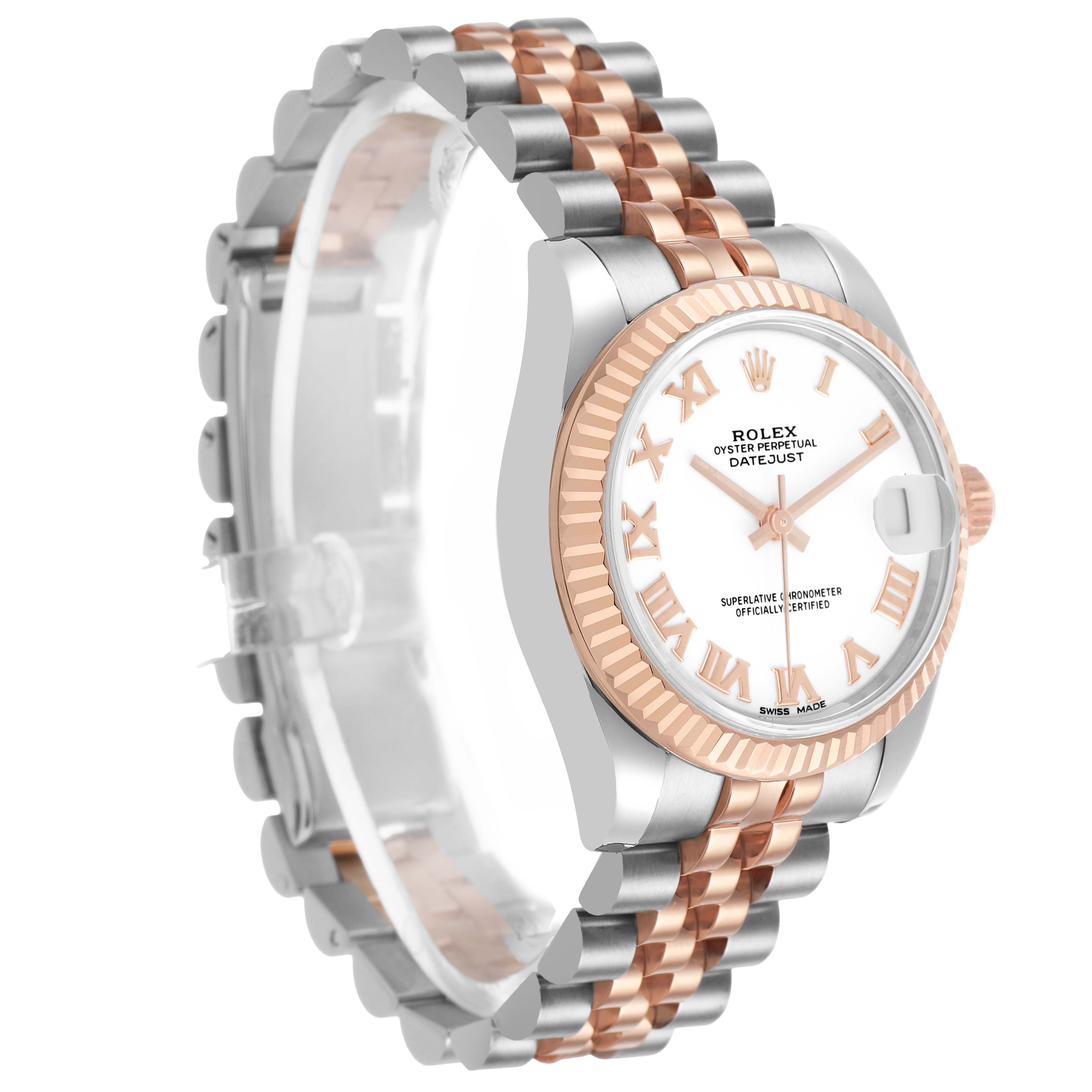 The Rolex Mid-Size 178271 Women's Steel and Gold (two tone) White Dial model is shown at a three-quarter angle, highlighting the two-tone bracelet, bezel, and dial.
