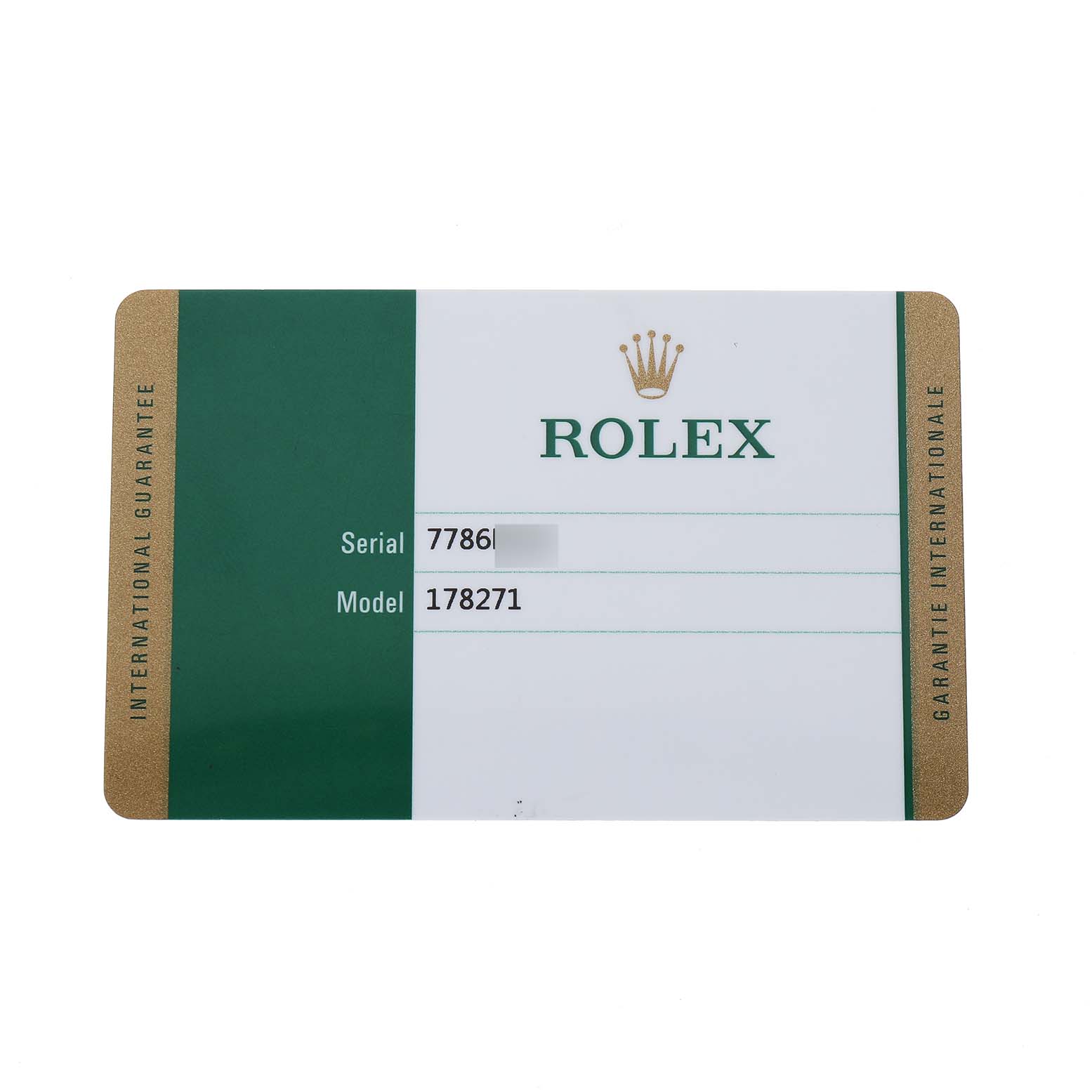 The image shows a Rolex authentication card with the model number 178271 prominently displayed.
