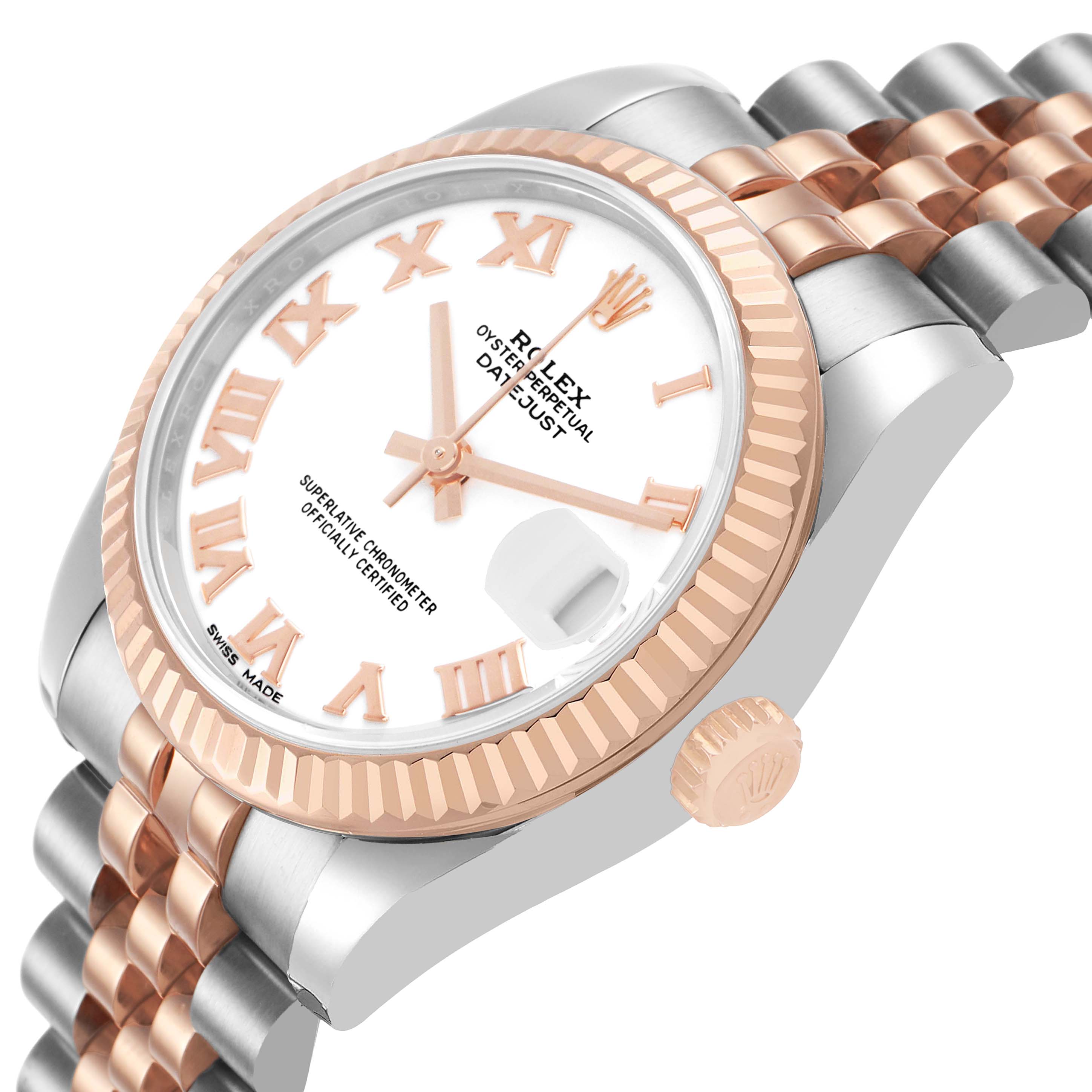 The Rolex Mid-Size 178271 Women's Steel and Gold (two tone) White Dial watch is shown at an angled side view, displaying the dial, fluted bezel, and bracelet.