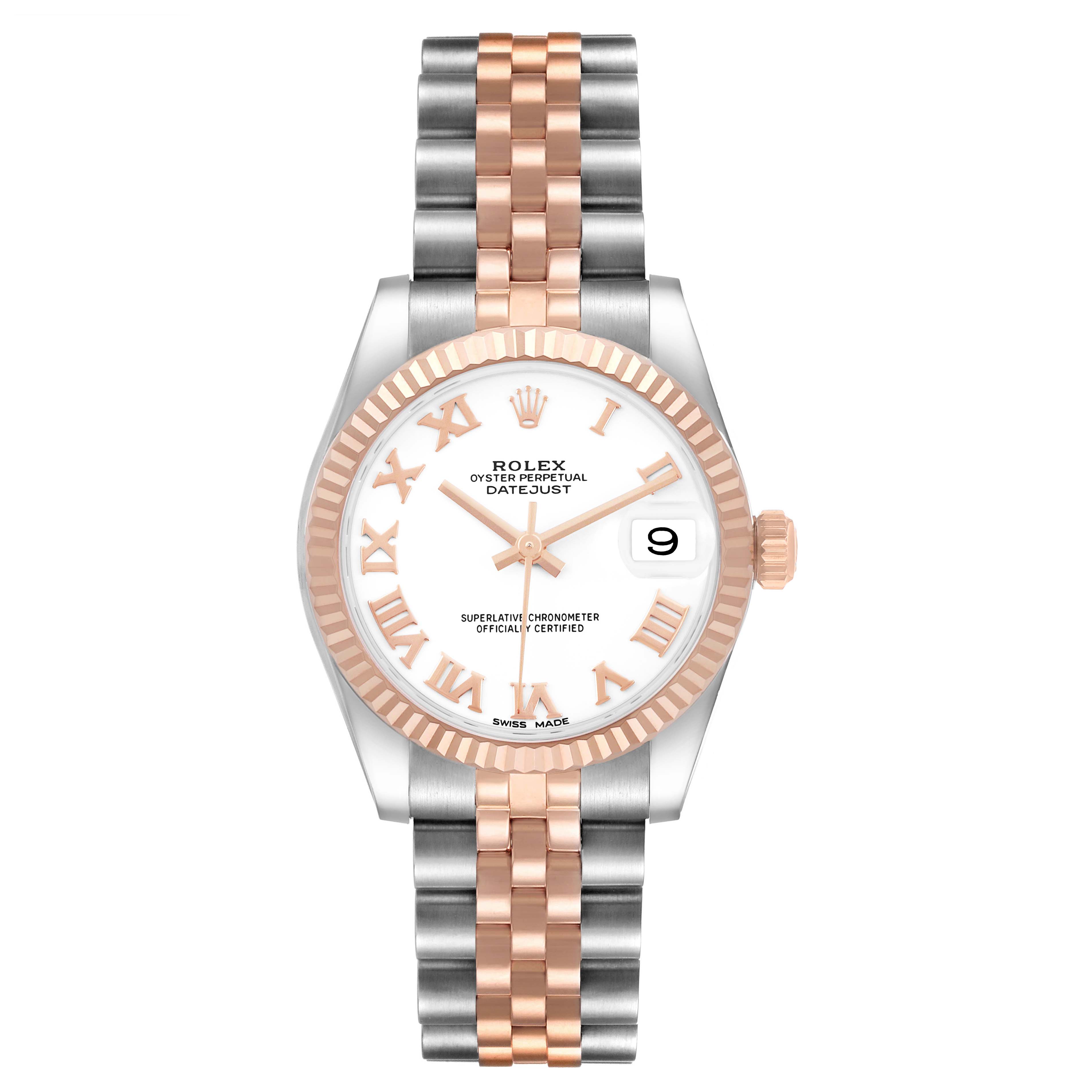 The Rolex Mid-Size 178271 Women's Steel and Gold (two tone) White Dial Datejust is shown from the front, displaying the dial, bezel, and two-tone bracelet.