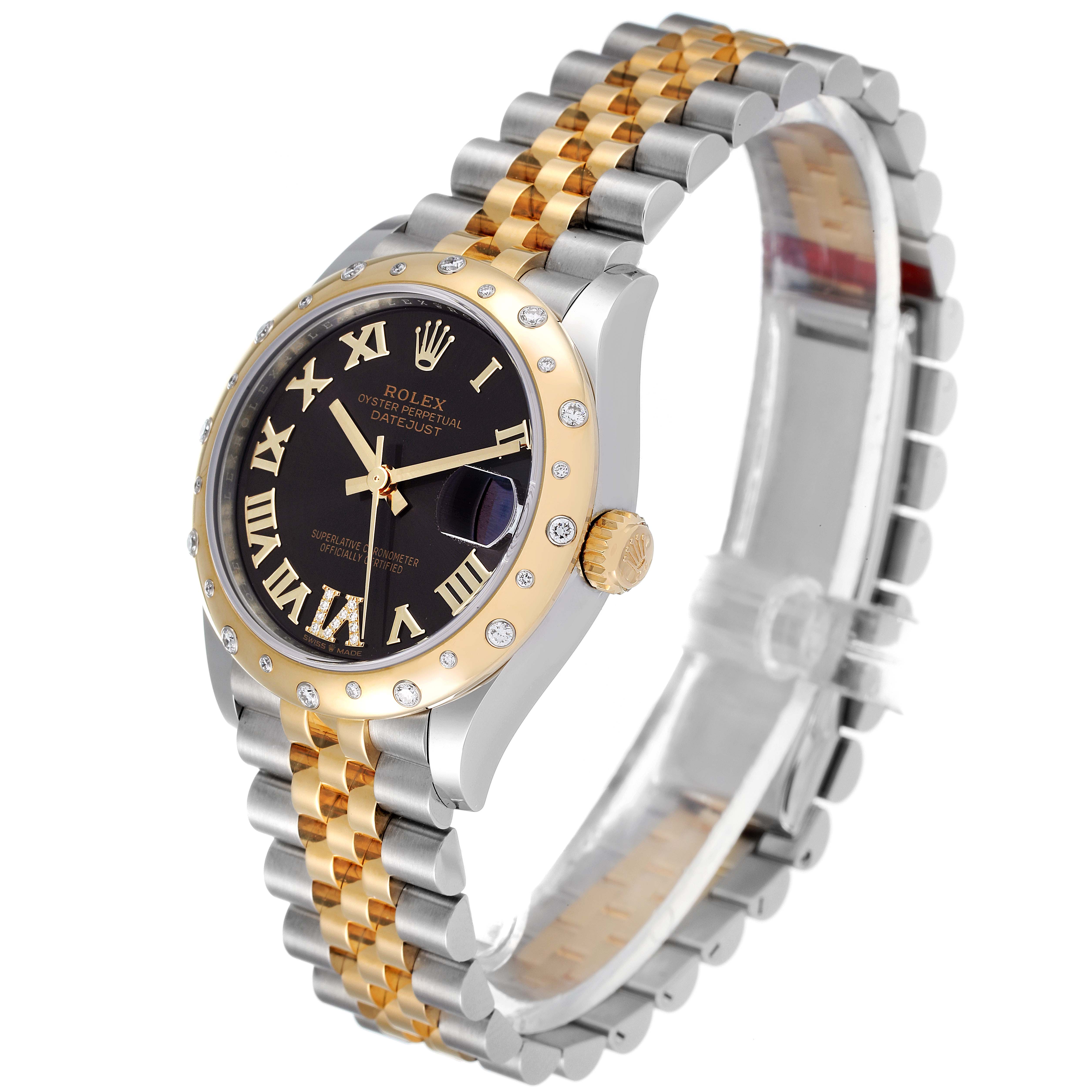 This image shows a Mid-Size Rolex Oyster Perpetual Datejust watch, highlighting its face, bezel, and two-tone bracelet, at a side angle.