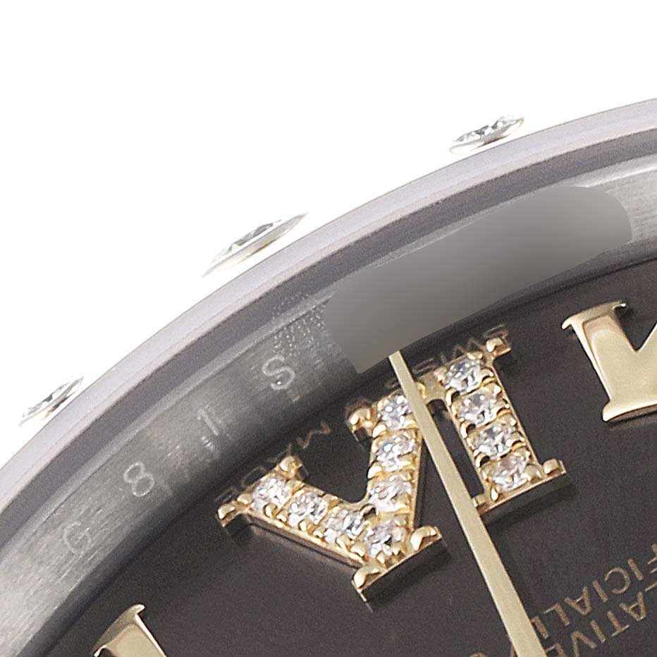This image shows a close-up angle of the dial and bezel of a Rolex Mid-Size 278343 Women's Steel and Gold (two tone) Grey Dial 278343 Women's Steel and Gold (two tone) Grey Dial watch.