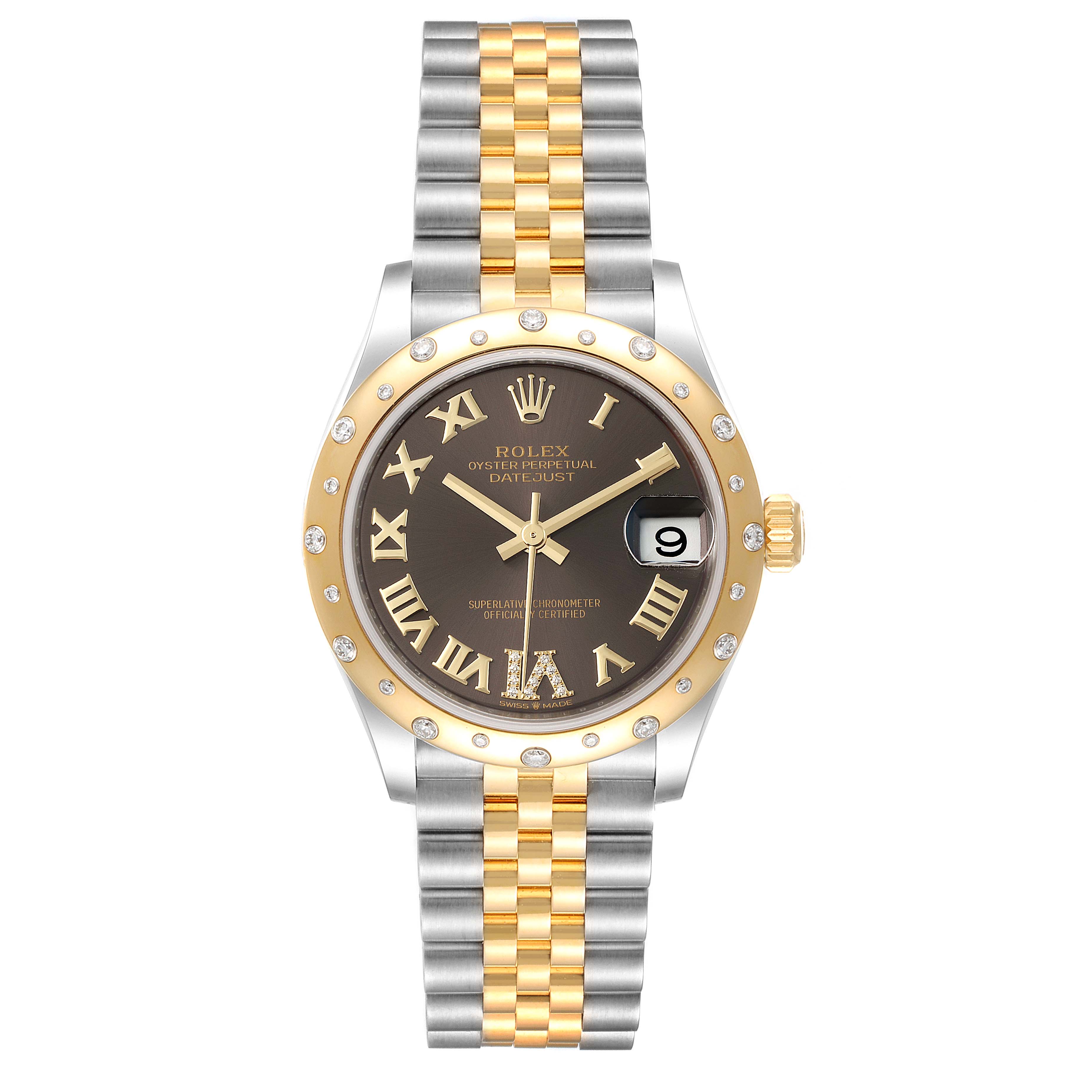 The image shows a Rolex Mid-Size 278343 Women's Steel and Gold (two tone) Grey Dial 278343 Women's Steel and Gold (two tone) Grey Dial Oyster Perpetual Datejust watch with a two-tone bracelet, gold bezel with diamonds, and a black dial.