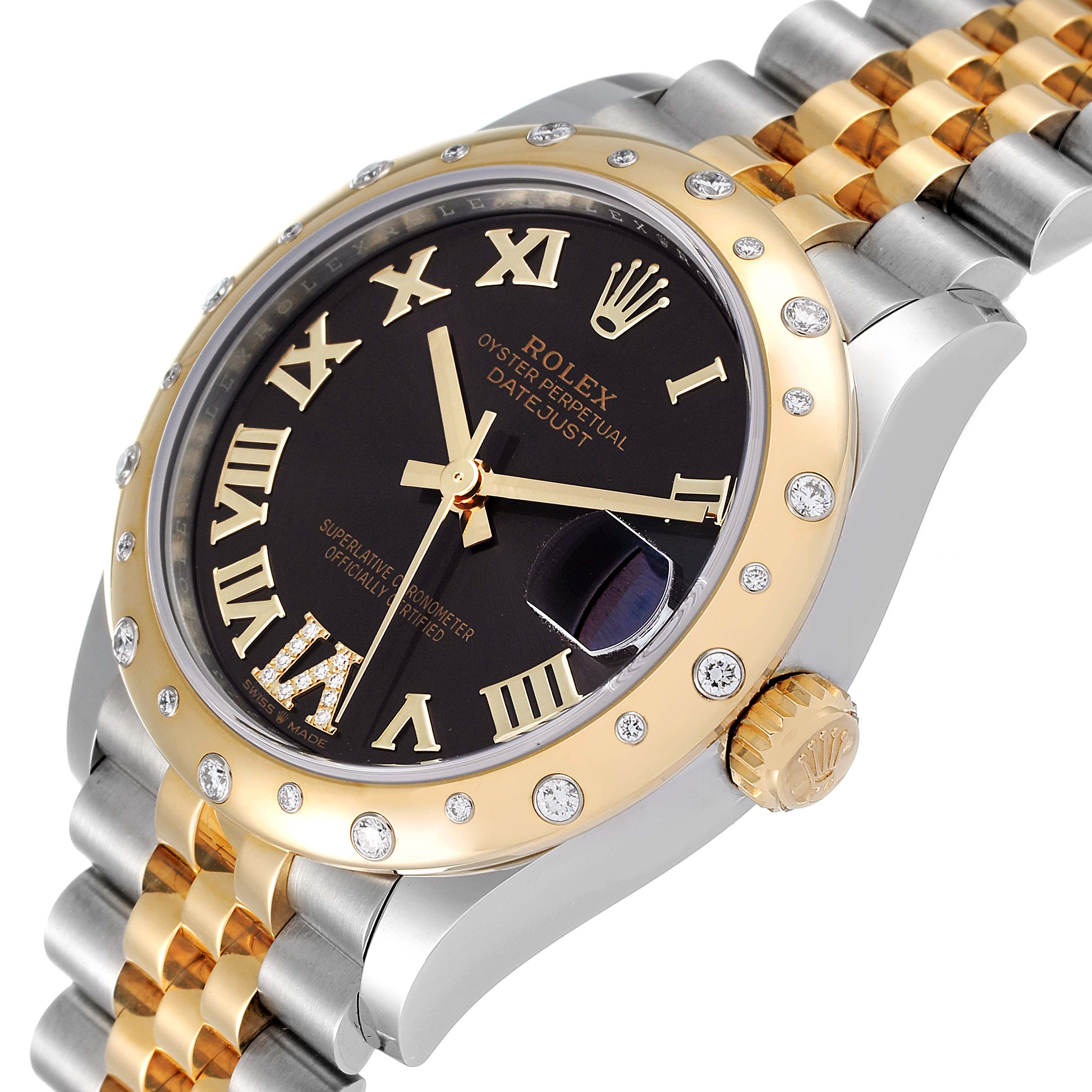 This image shows a Rolex Mid-Size 278343 Women's Steel and Gold (two tone) Grey Dial 278343 Women's Steel and Gold (two tone) Grey Dial Datejust watch from an angled view, displaying the face, bezel, and part of the bracelet.