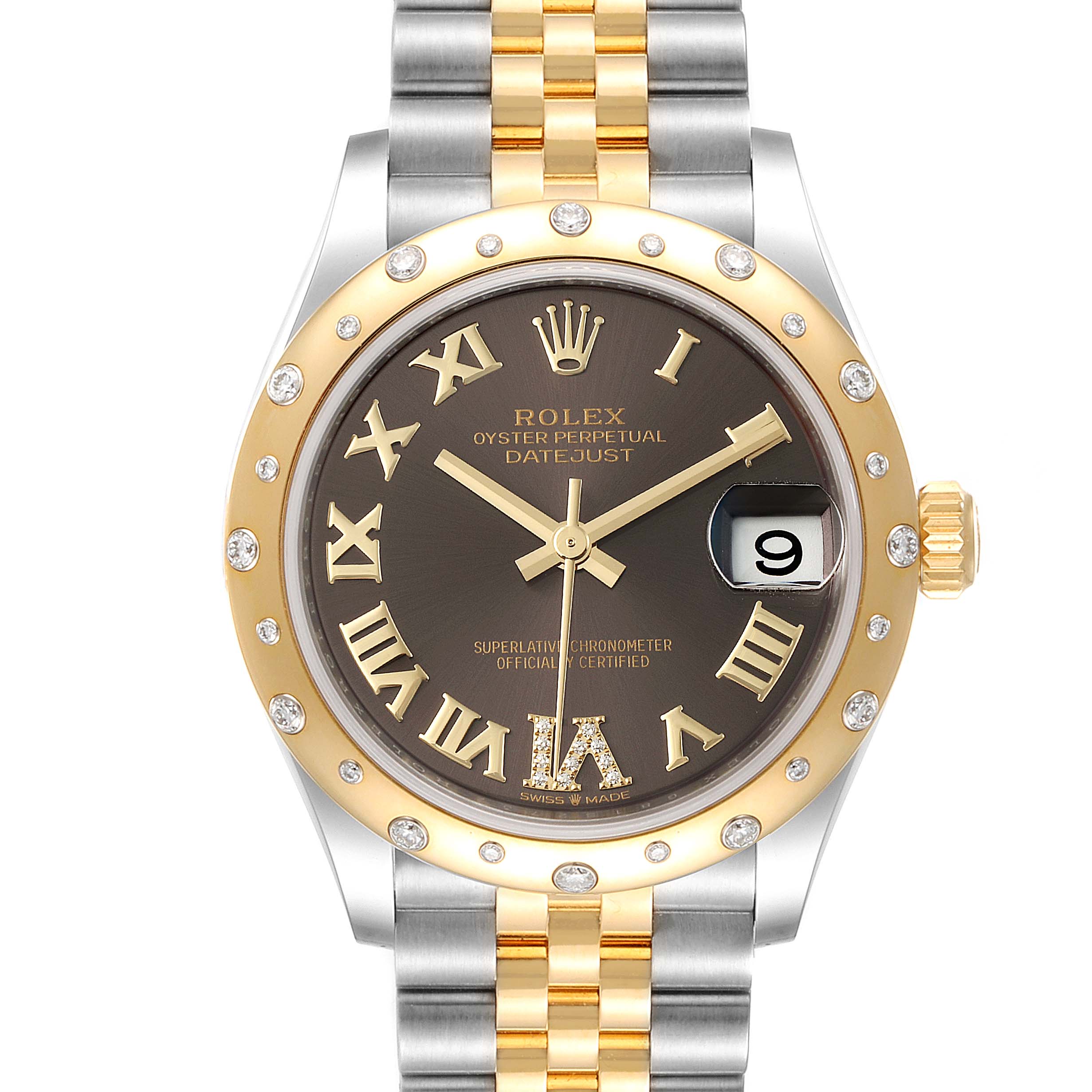 The image shows a front view of a Rolex Mid-Size 278343 Women's Steel and Gold (two tone) Grey Dial 278343 Women's Steel and Gold (two tone) Grey Dial Datejust watch, featuring a two-tone bracelet, diamond-set bezel, and Roman numeral dial.