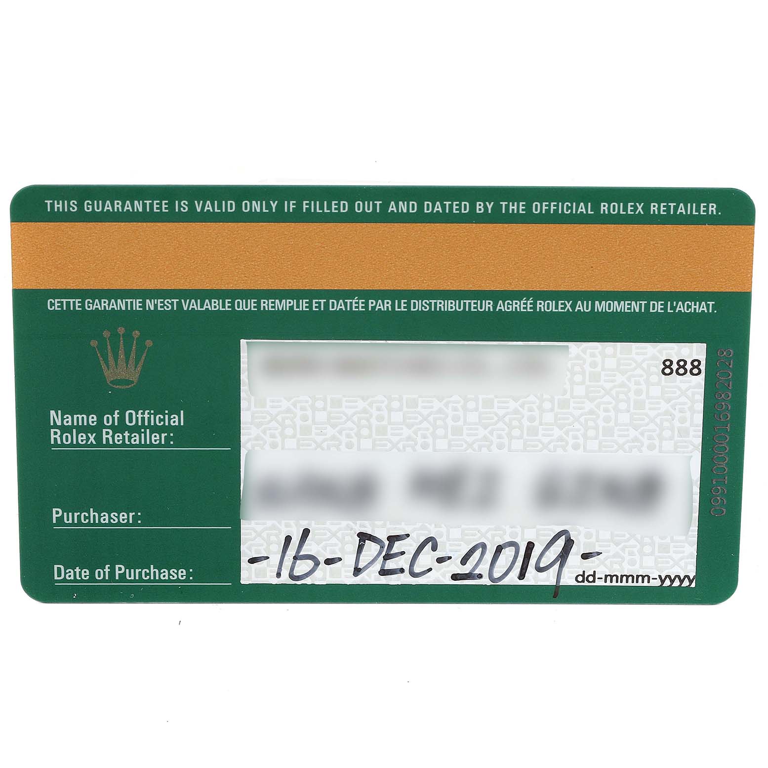 The image shows the guarantee card for a Rolex Mid-Size 278343 Women's Steel and Gold (two tone) Grey Dial 278343 Women's Steel and Gold (two tone) Grey Dial model, dated 16-DEC-2019.