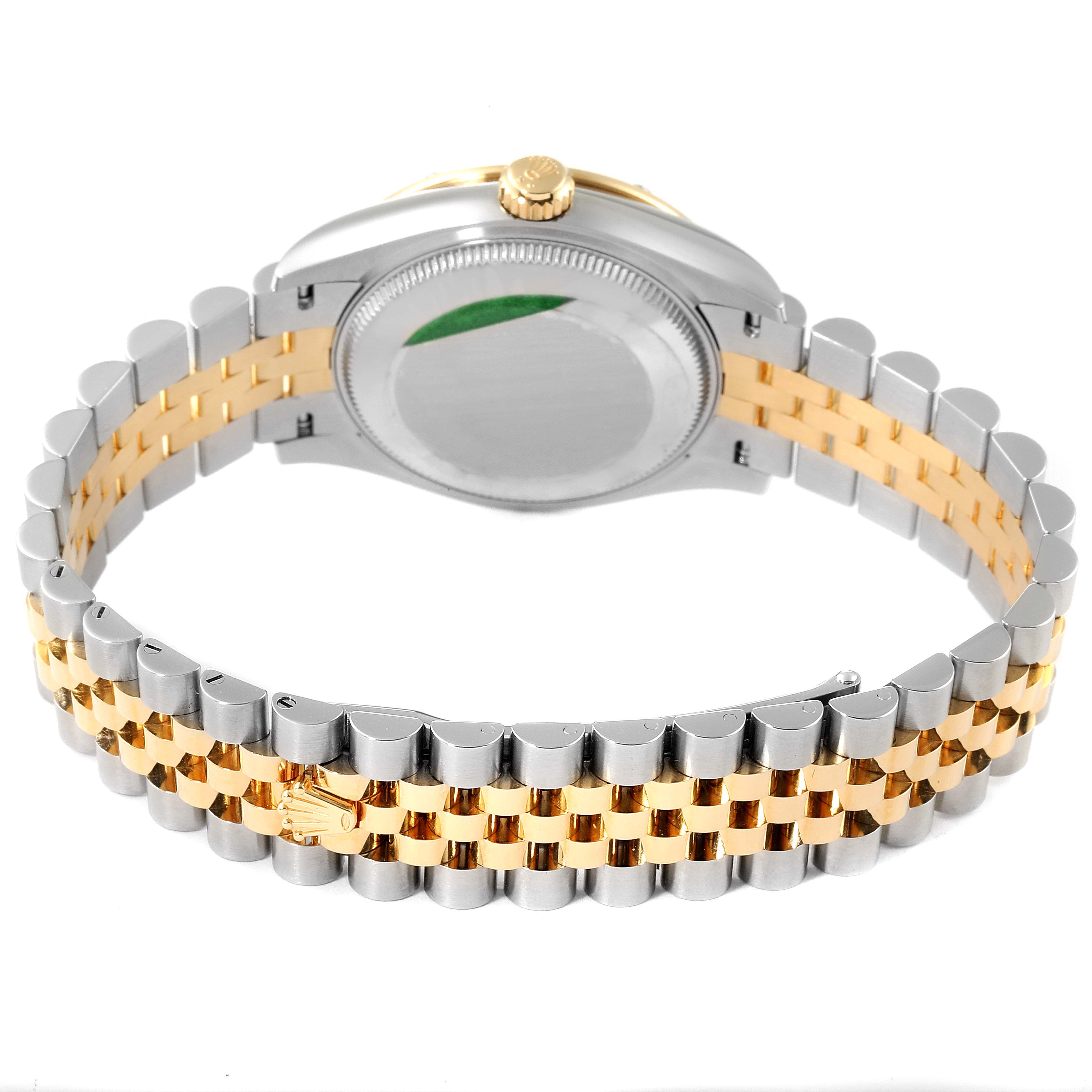 This image shows the back view of a Mid-Size Rolex watch highlighting its two-tone metal bracelet and case back.