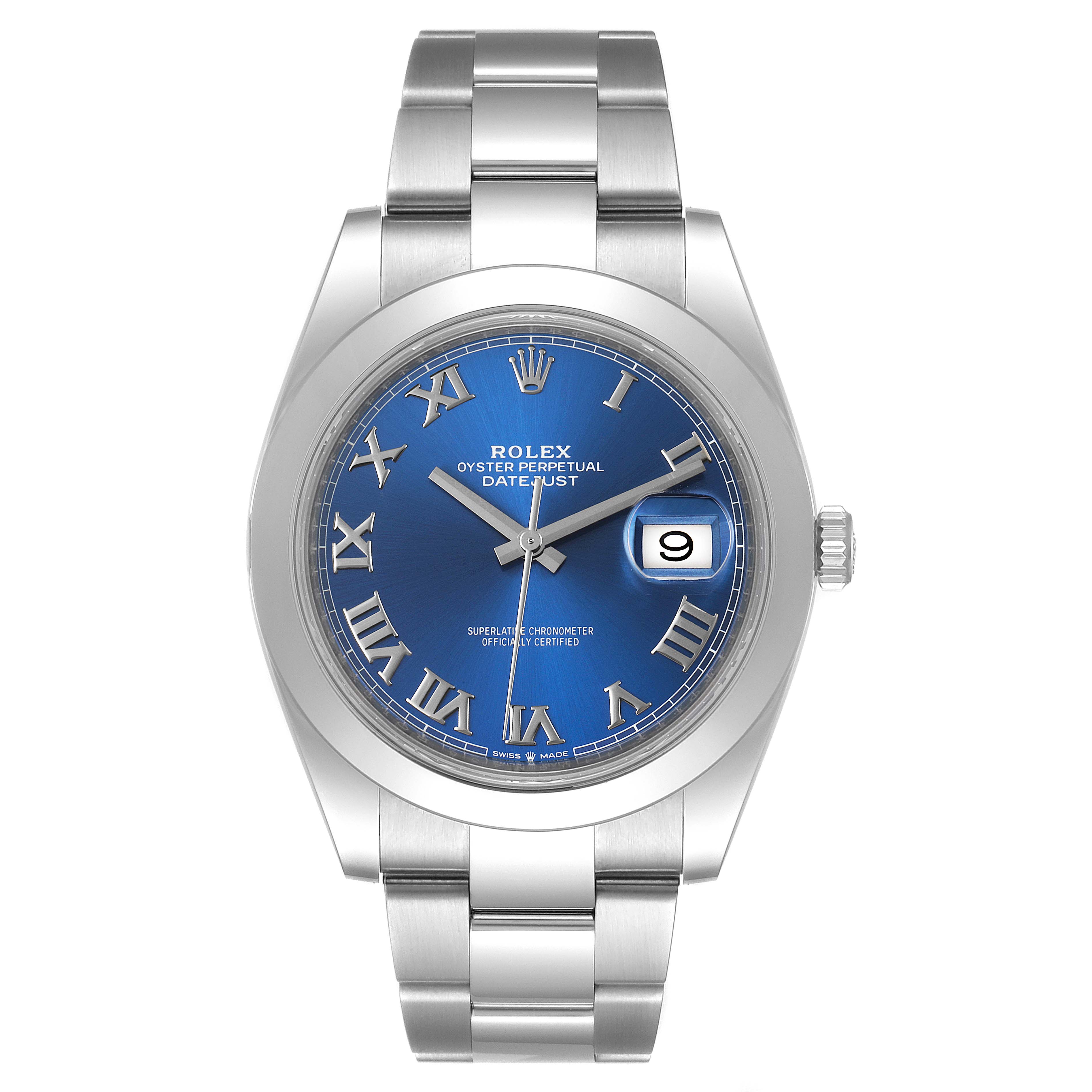 The image shows a Rolex Datejust 41 126300 Men
s Stainless Steel Blue Dial 126300 Men
s Stainless Steel Blue Dial watch with a blue dial and Roman numerals, viewed from the front.