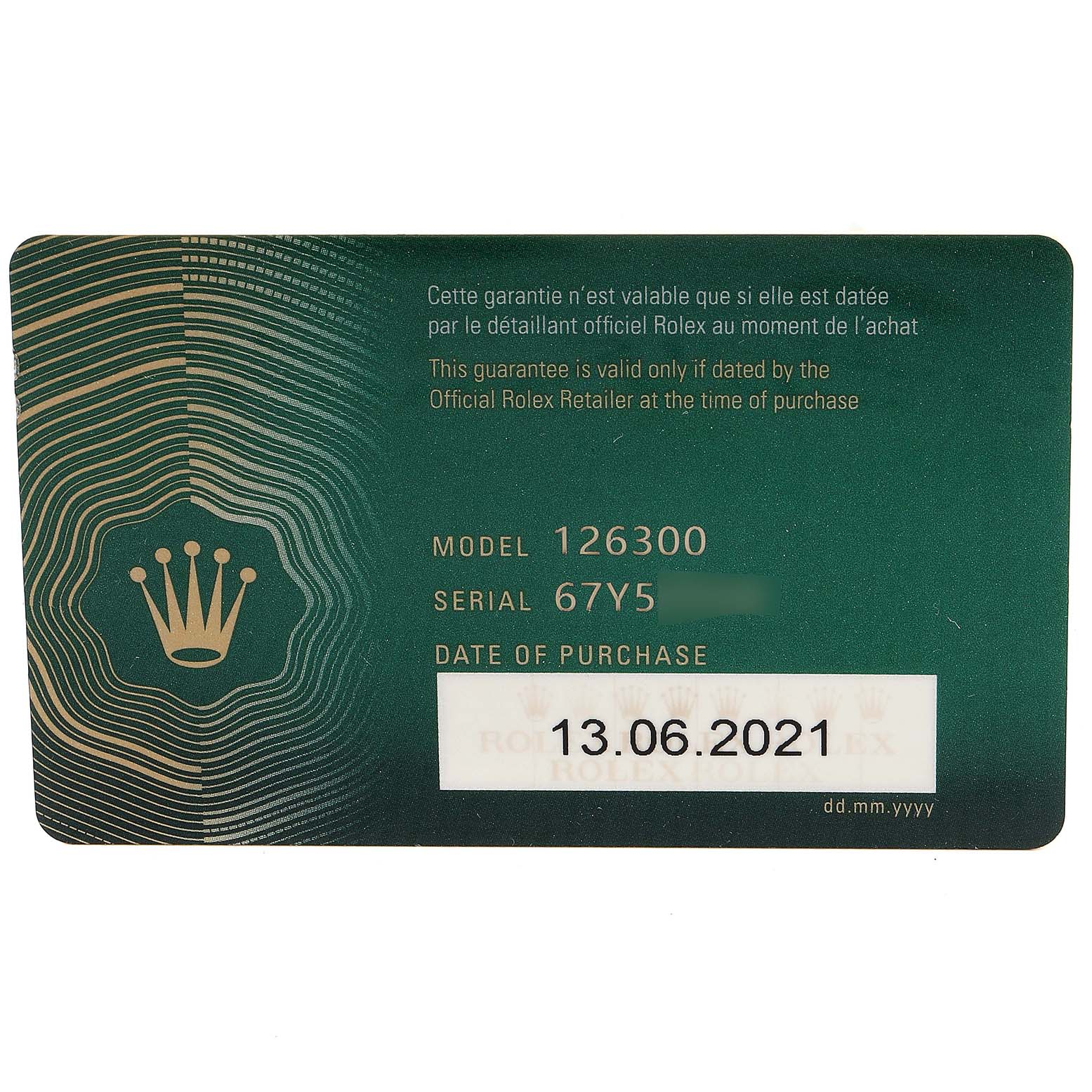 This image shows the warranty card for a Rolex Datejust 41 126300 Men
s Stainless Steel Blue Dial 126300 Men
s Stainless Steel Blue Dial model 126300, including the serial number and date of purchase.