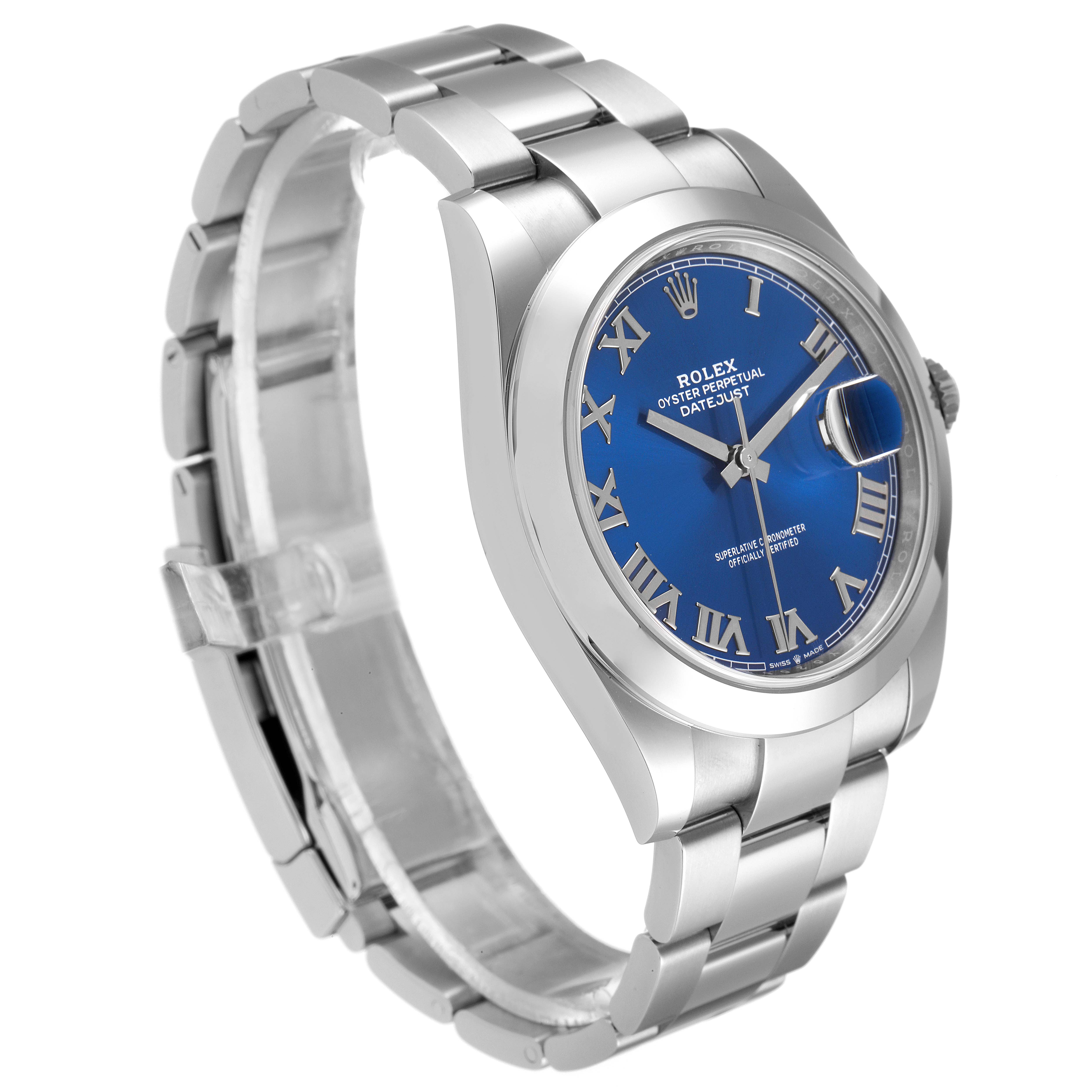 The Rolex Datejust 41 126300 Men
s Stainless Steel Blue Dial 126300 Men
s Stainless Steel Blue Dial watch is shown at an oblique angle displaying the blue dial, Roman numerals, and stainless steel bracelet.