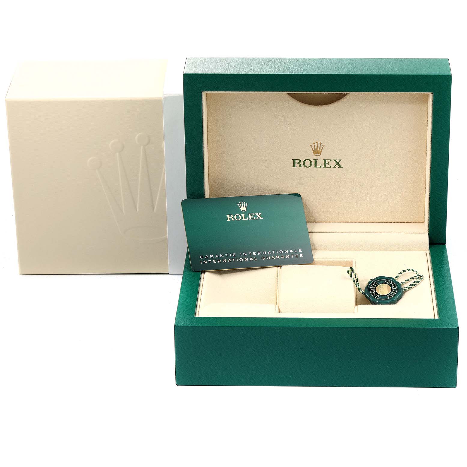 The image shows a Rolex Datejust 41 126300 Men
s Stainless Steel Blue Dial 126300 Men
s Stainless Steel Blue Dial watch box, warranty card, and tag from a front angle.