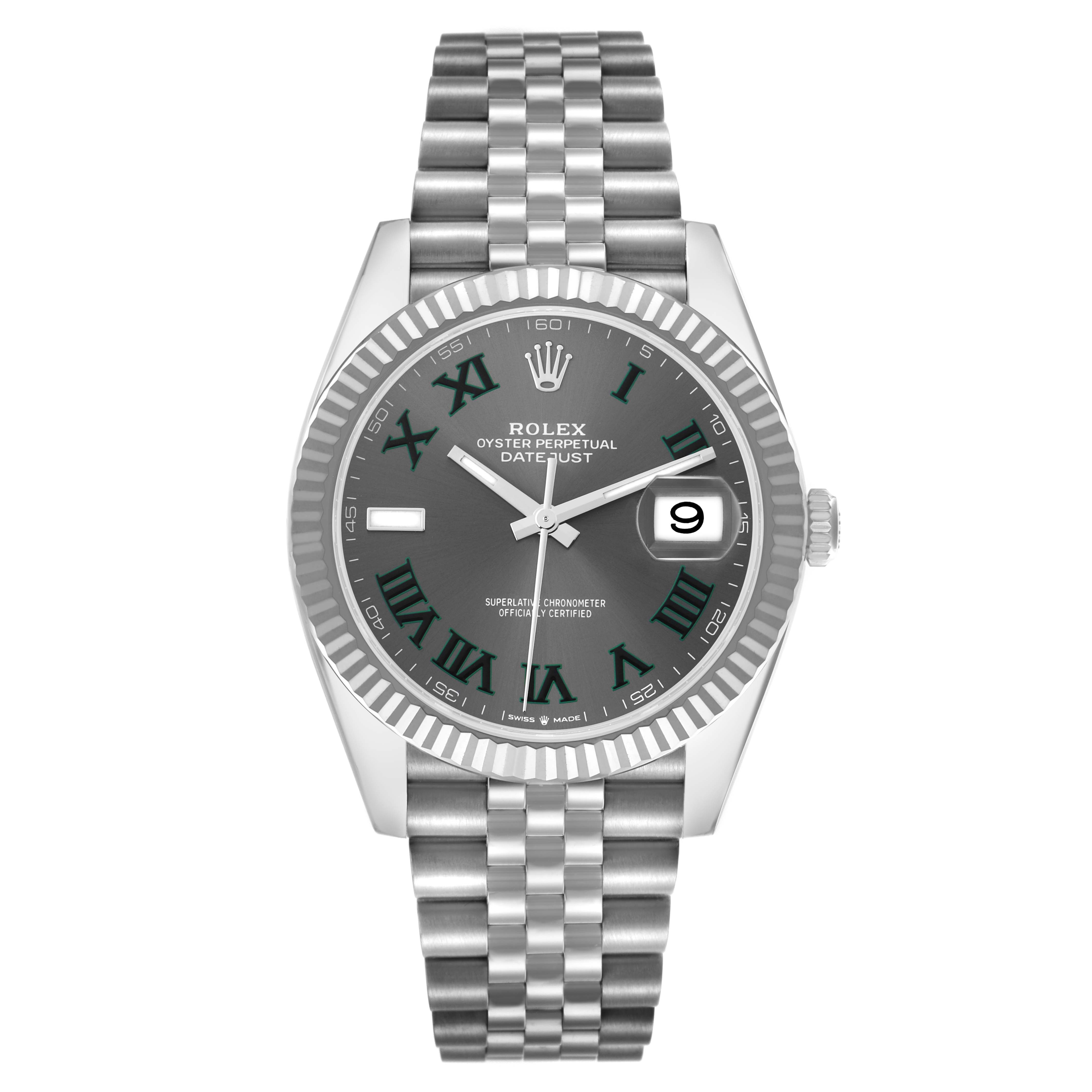 The Rolex Datejust 41 126334 Men
s Stainless Steel Grey Dial is shown from the front, displaying the dial, hands, bezel, and Jubilee bracelet.