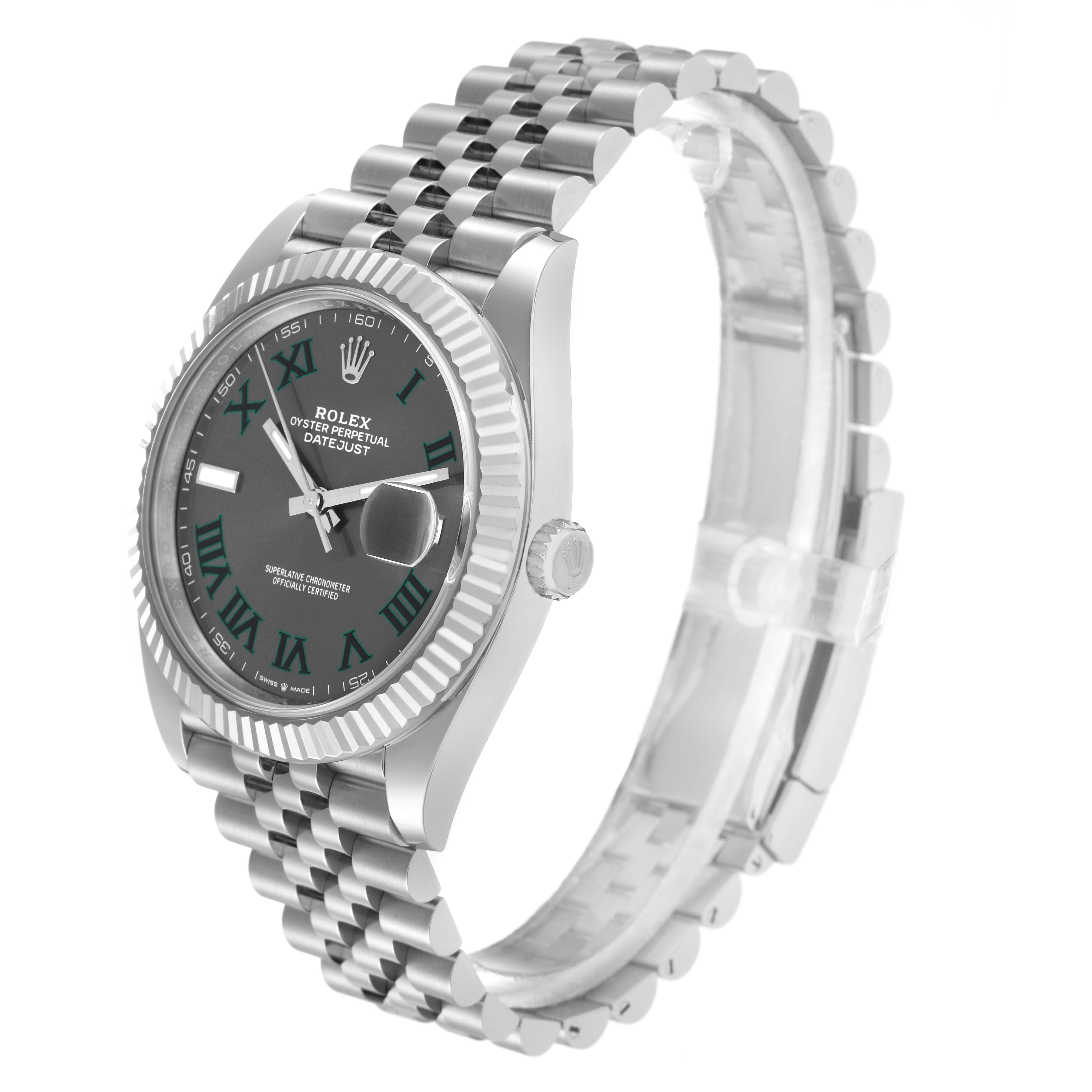 The Rolex Datejust 41 126334 Men
s Stainless Steel Grey Dial is shown at a three-quarter angle, highlighting the dial, bezel, crown, and Jubilee bracelet.