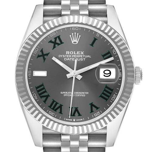 The image shows a front view of the Rolex Datejust 41, model number 126334, highlighting the dial, fluted bezel, hands, and bracelet.