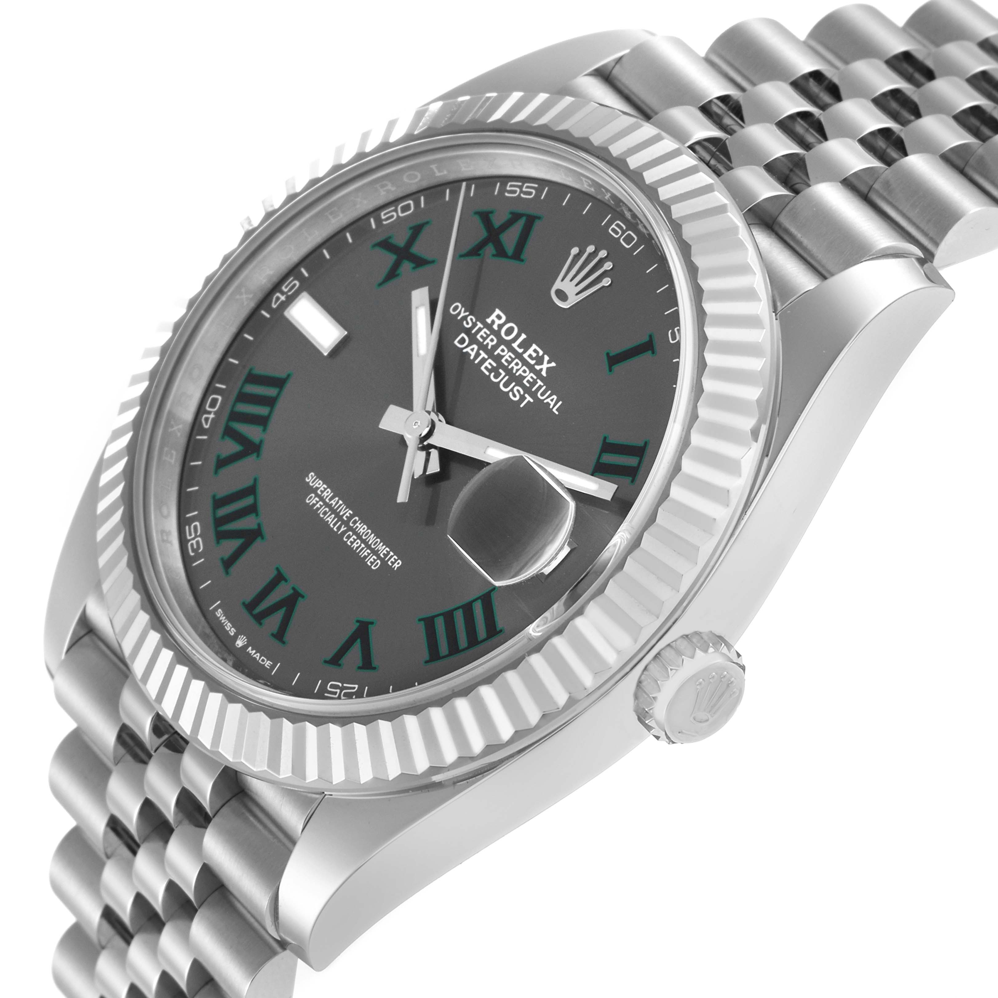 The Rolex Datejust 41 126334 Men
s Stainless Steel Grey Dial watch is shown at an angle displaying the dial, bezels, crown, and part of the bracelet.