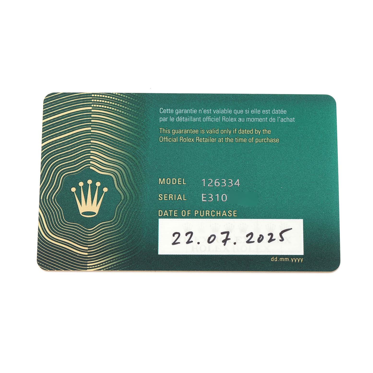 The image shows a warranty card for the Rolex Datejust 41 126334 Men
s Stainless Steel Grey Dial, displaying the model number, serial number, and purchase date.