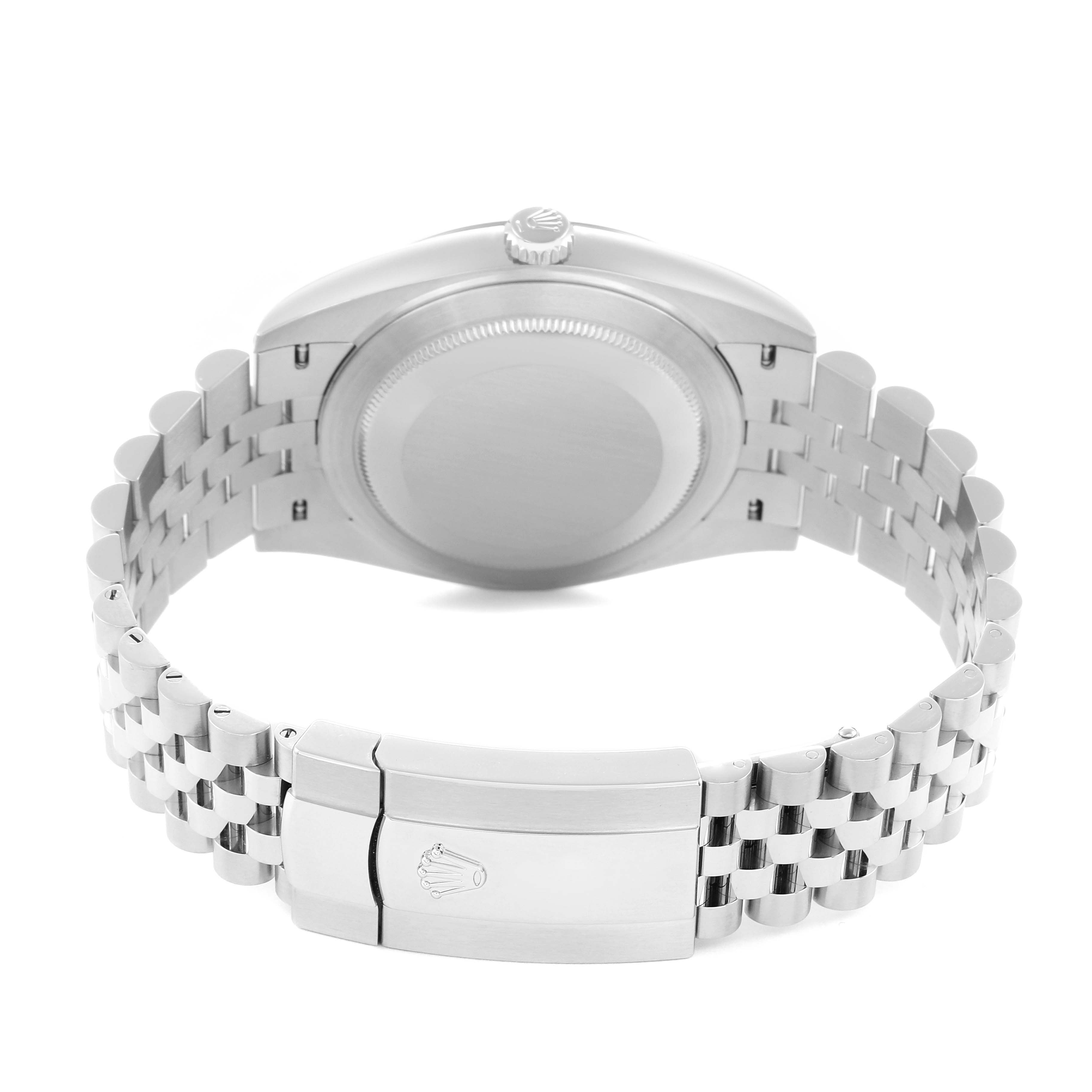 The Rolex Datejust 41 126334 Men
s Stainless Steel Grey Dial is shown from the back, highlighting the case, crown, and Jubilee bracelet with the clasp visible.