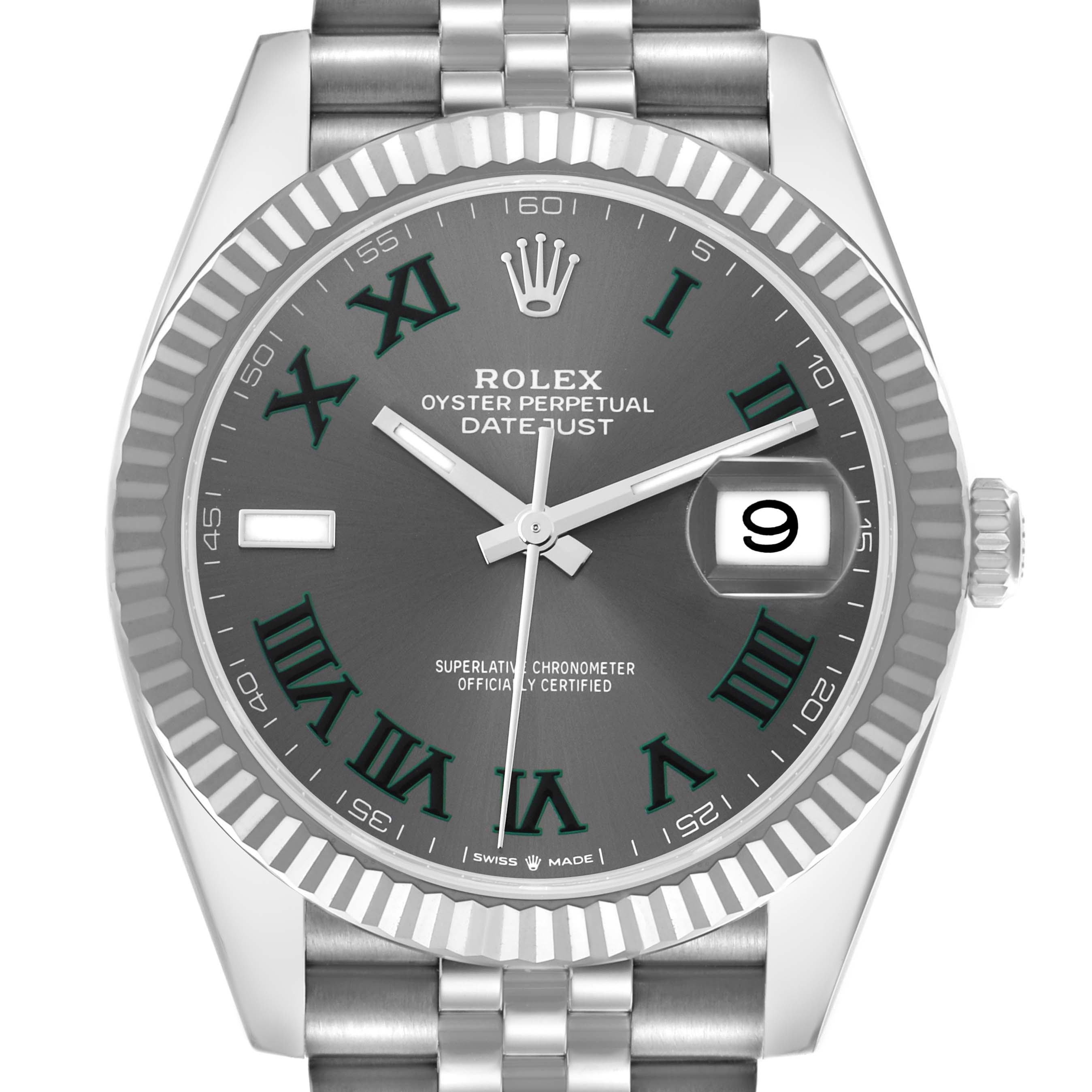 The Rolex Datejust 41 126334 Men
s Stainless Steel Grey Dial watch is shown from a front angle, highlighting the gray dial, Roman numerals, date window, and fluted bezel.