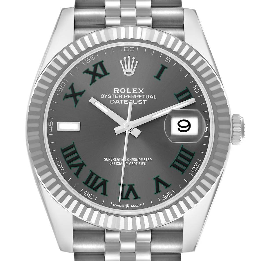 The Rolex Datejust 41 126334 Men's Stainless Steel Grey Dial watch is shown from a front angle, highlighting the gray dial, Roman numerals, date window, and fluted bezel.