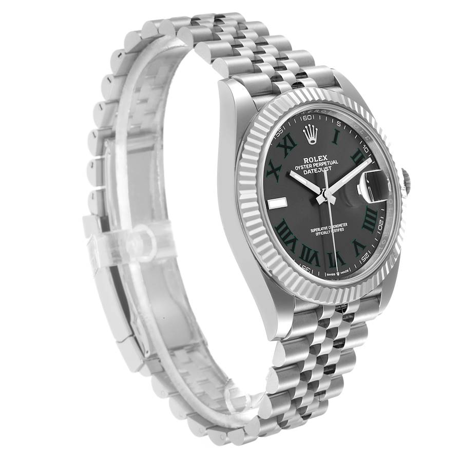 The Rolex Datejust 41, model 126334, is shown from a three-quarter angle, highlighting its fluted bezel, black dial, and jubilee bracelet.