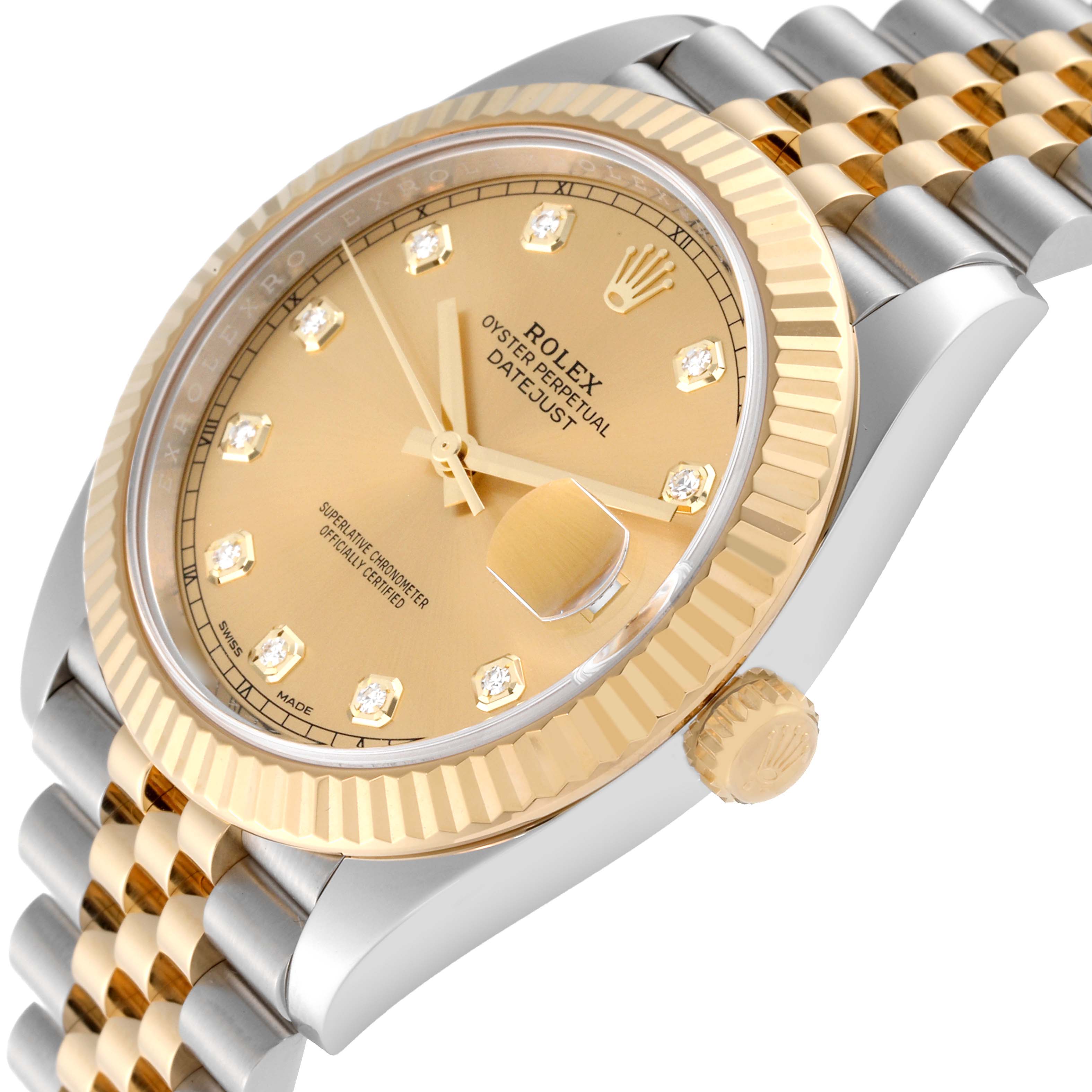 The image shows a side angle of a Rolex Datejust 41 126333 Men's Steel and Gold (two tone) Champagne Dial 126333 Men's Steel and Gold (two tone) Champagne Dial watch, highlighting the gold dial, fluted bezel, and two-tone Jubilee bracelet.