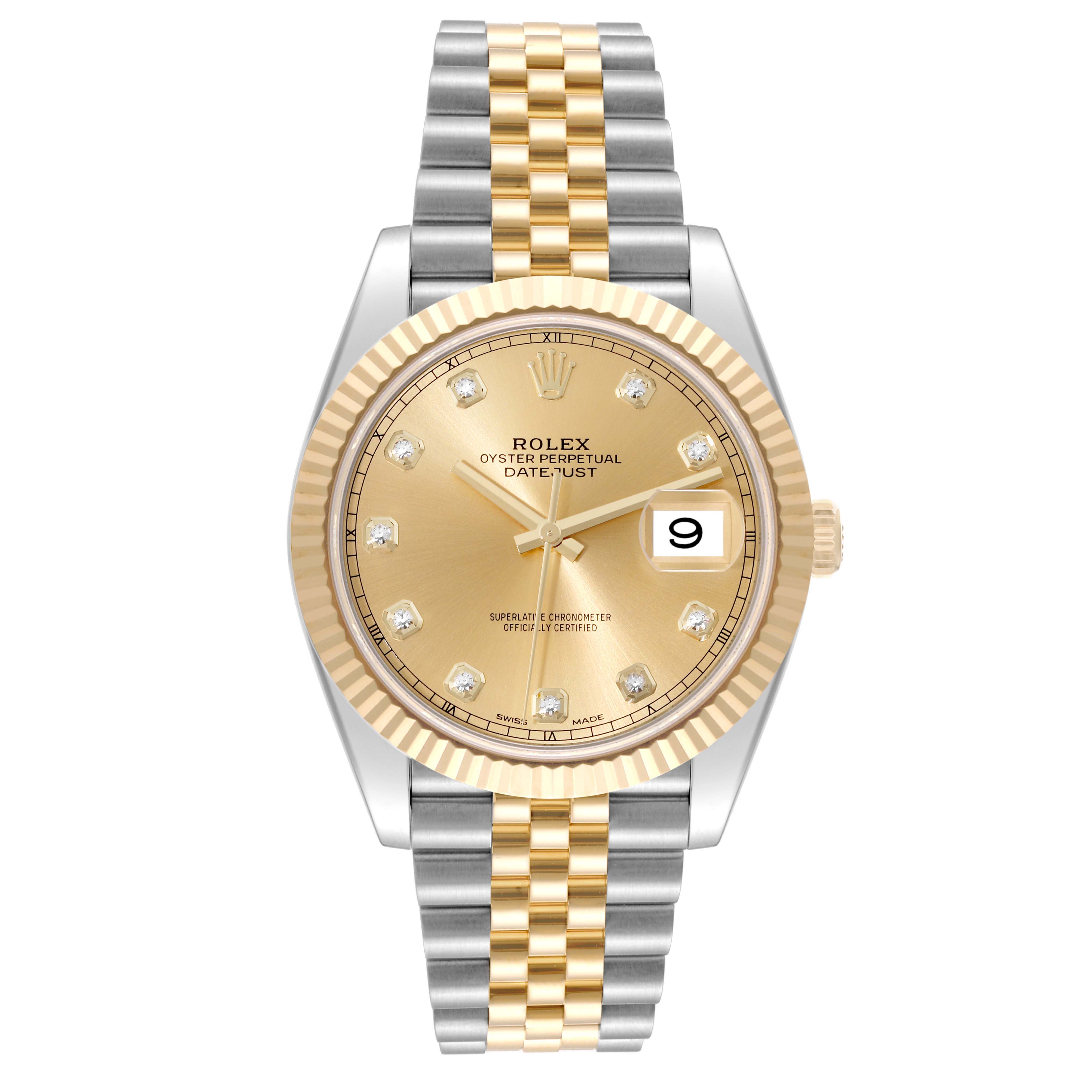 This image shows a frontal view of a Rolex Datejust 41 126333 Men's Steel and Gold (two tone) Champagne Dial 126333 Men's Steel and Gold (two tone) Champagne Dial watch, showcasing its gold and silver bracelet, golden dial, and date window.